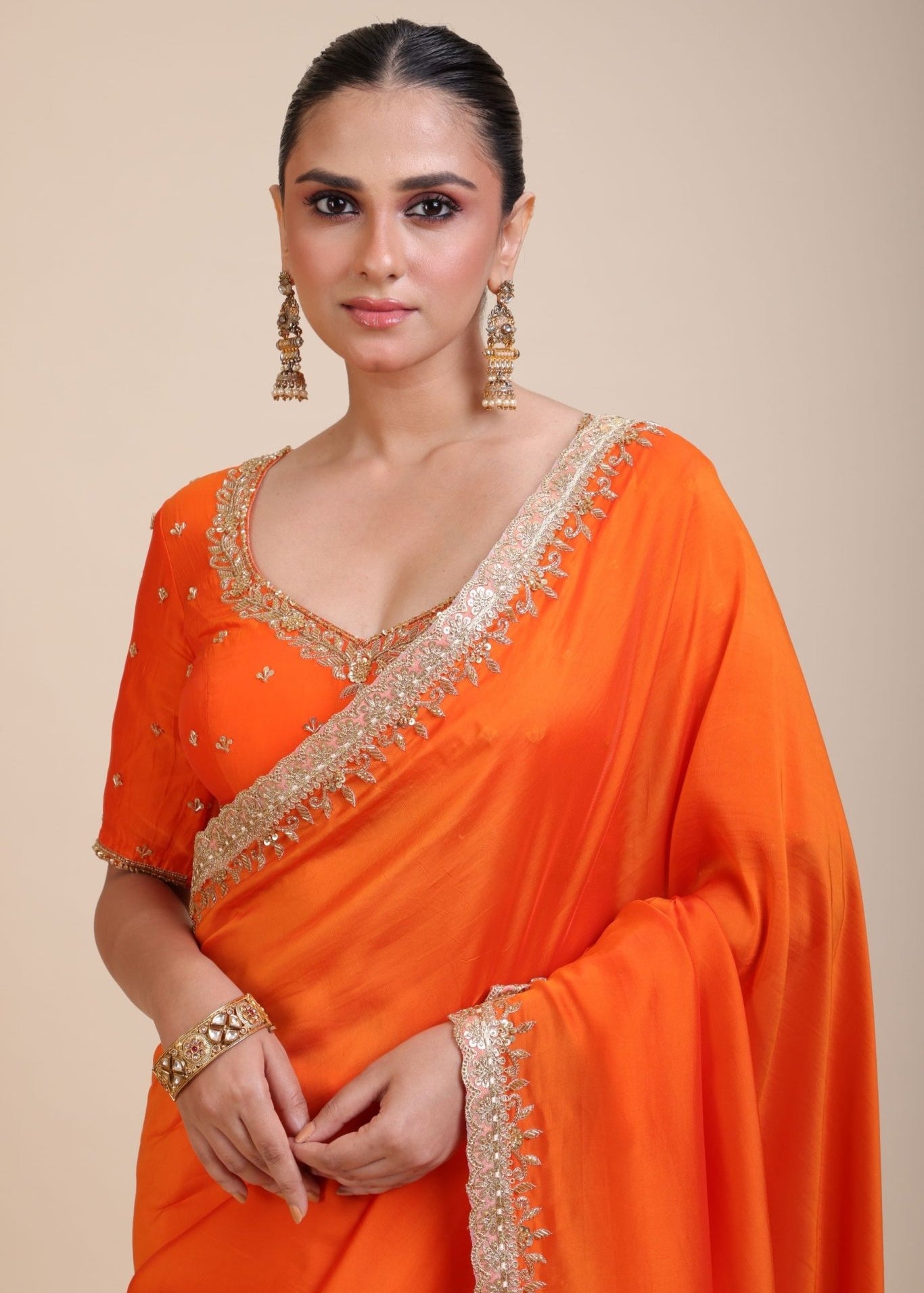 Orange Hand Embroidered Designer Saree - Close