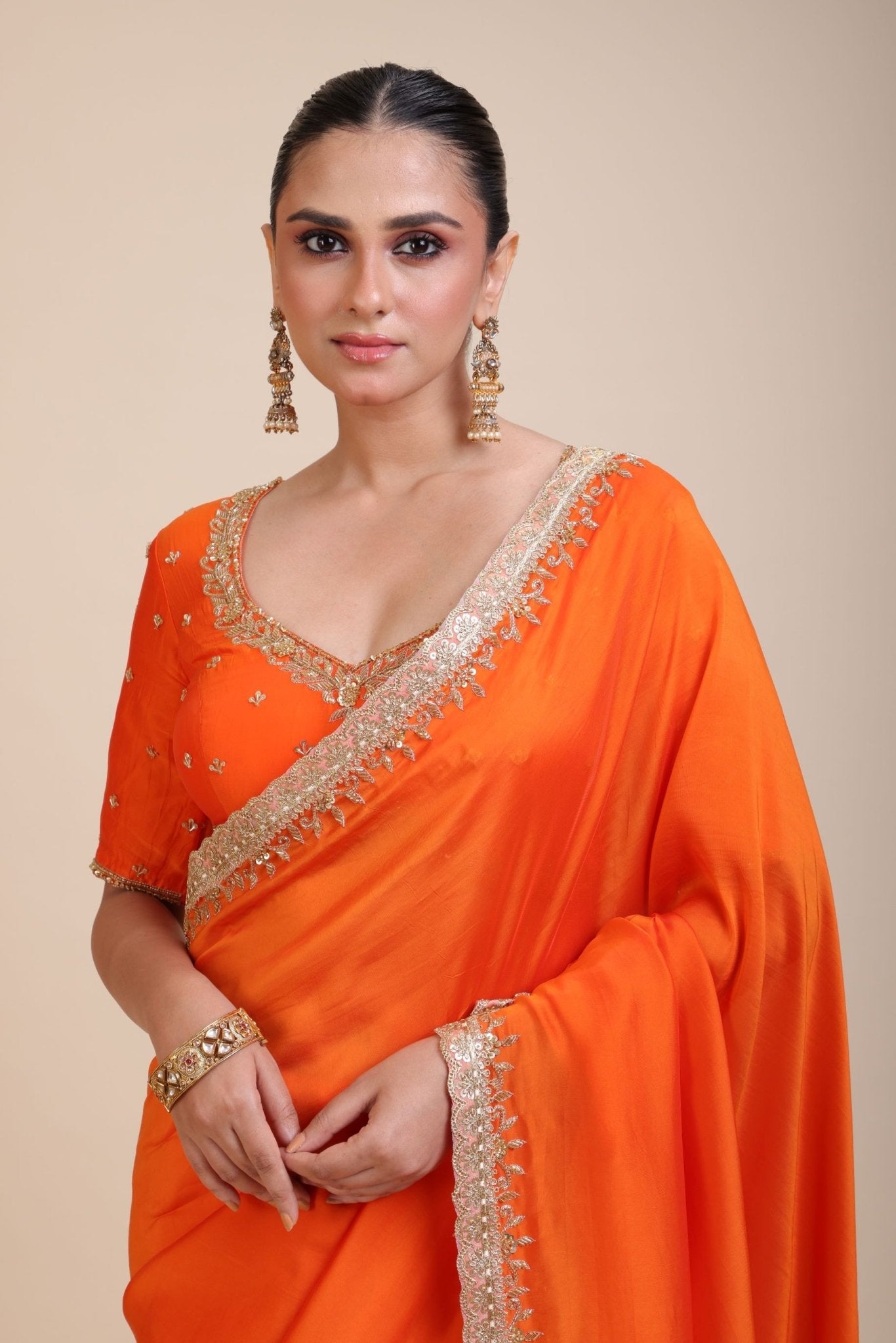 Orange Hand Embroidered Designer Saree - Close
