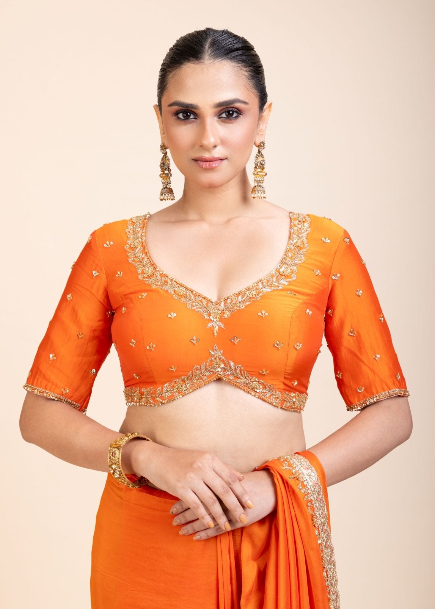 Orange Hand Embroidered Designer Saree - Anvi Couture