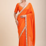 Orange Hand Embroidered Designer Saree - Anvi Couture