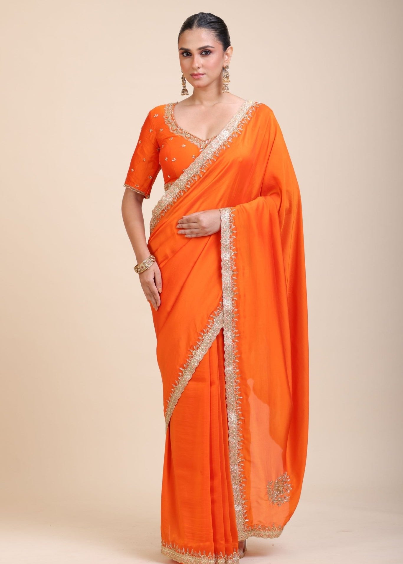 Orange Hand Embroidered Designer Saree - Anvi Couture