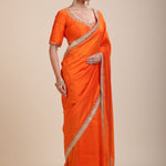 Orange Hand Embroidered Designer Saree - Anvi Couture