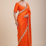 Orange Hand Embroidered Designer Saree - Anvi Couture