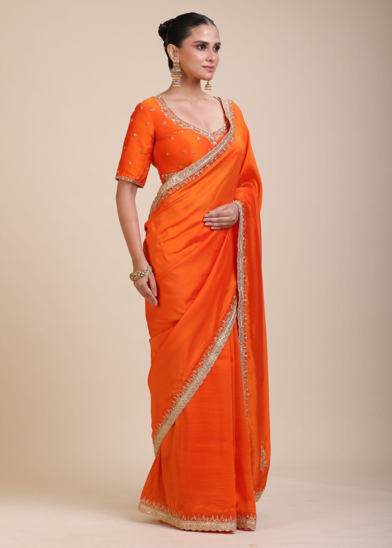 Orange Hand Embroidered Designer Saree - Anvi Couture