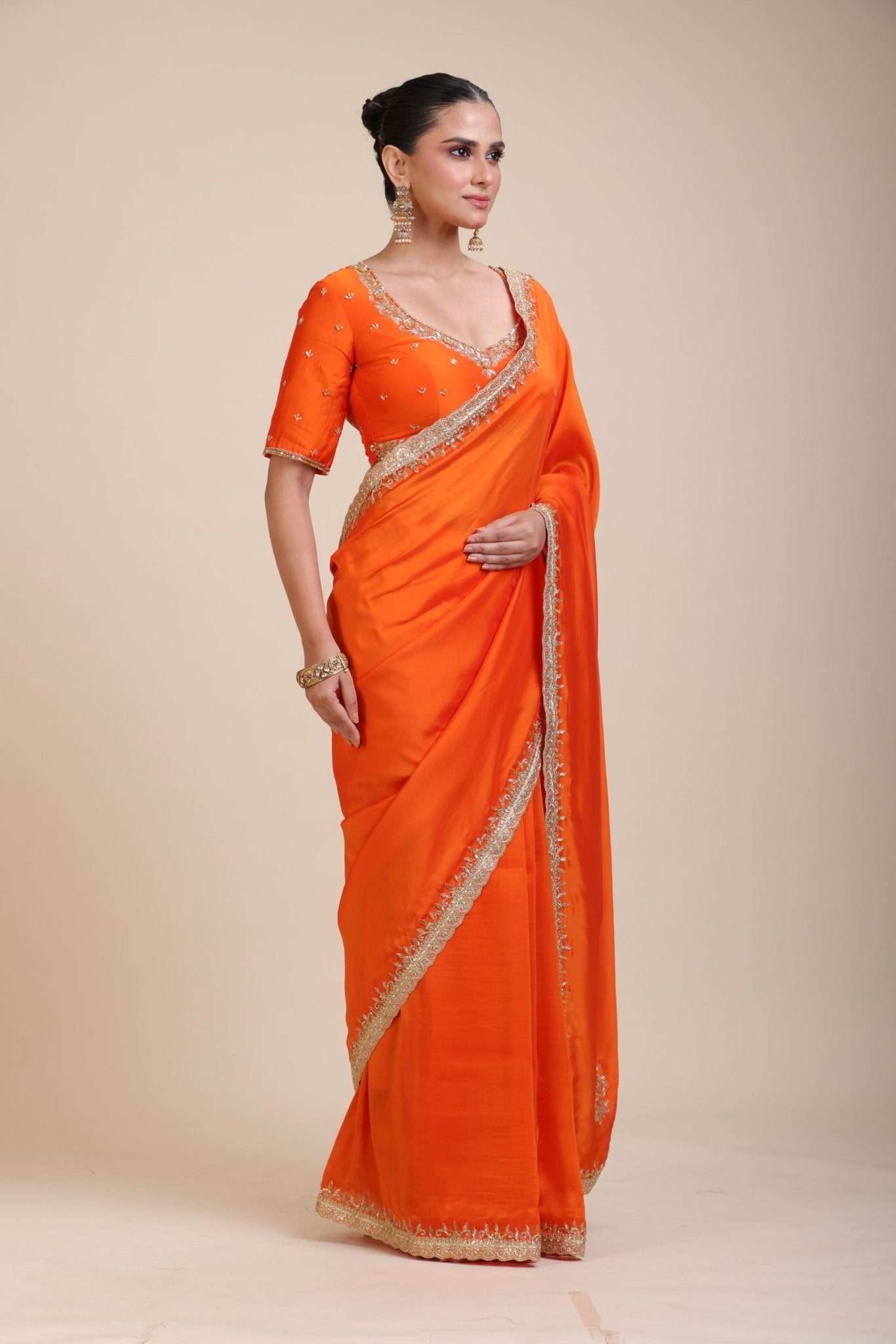 Orange Hand Embroidered Designer Saree - Anvi Couture