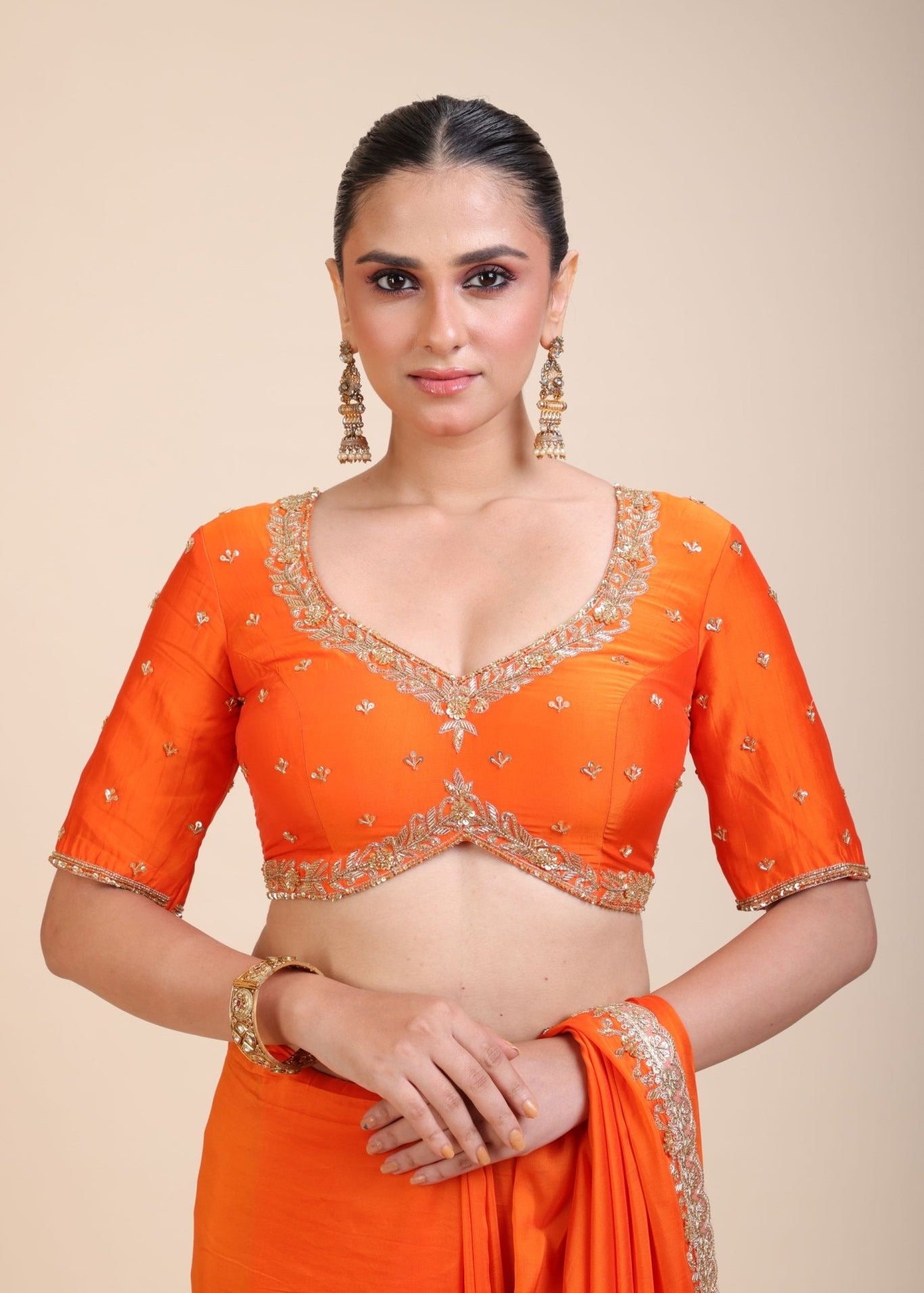Orange Hand Embroidered Designer Saree - Anvi Couture