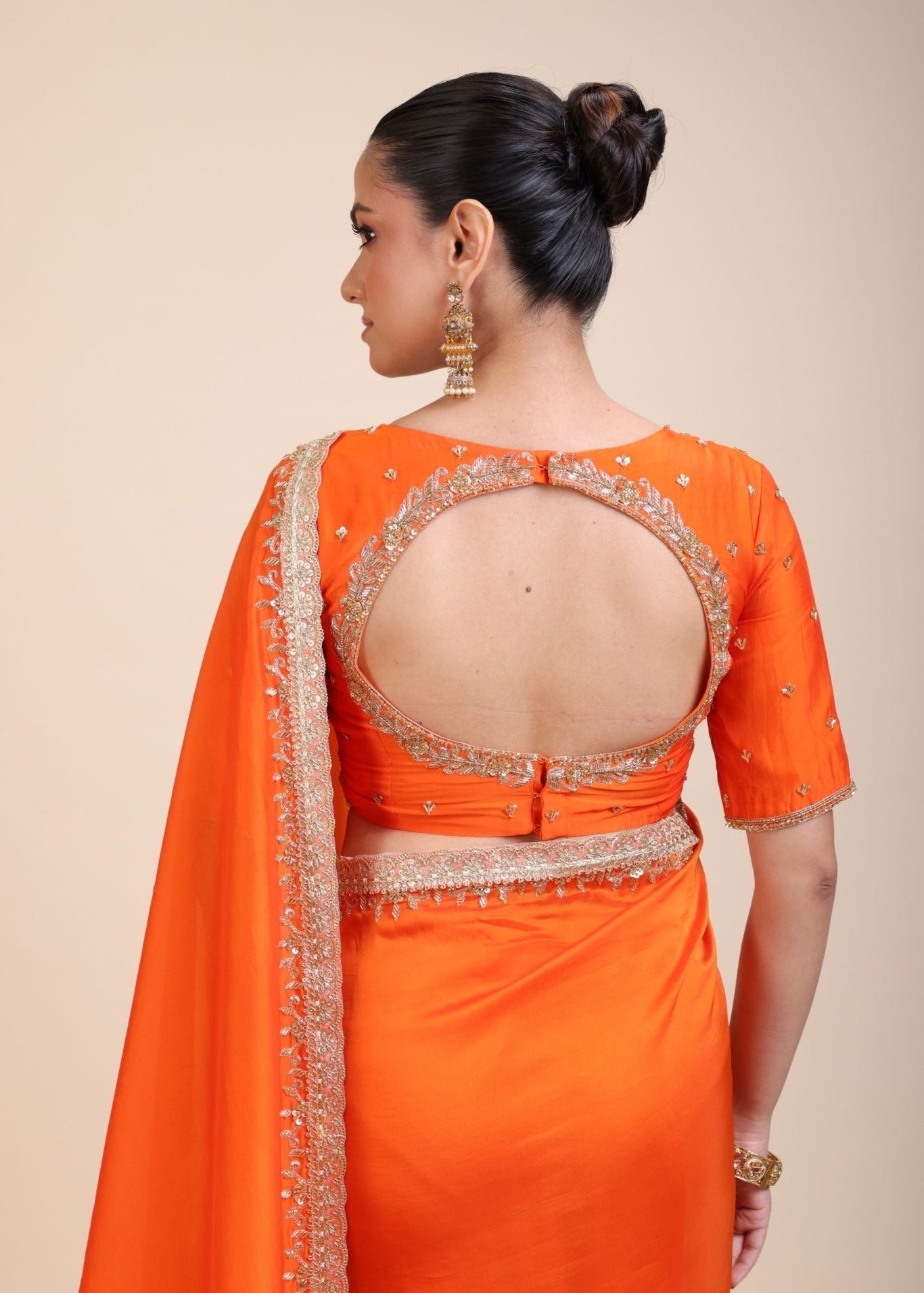 Orange Hand Embroidered Designer Saree - Anvi Couture