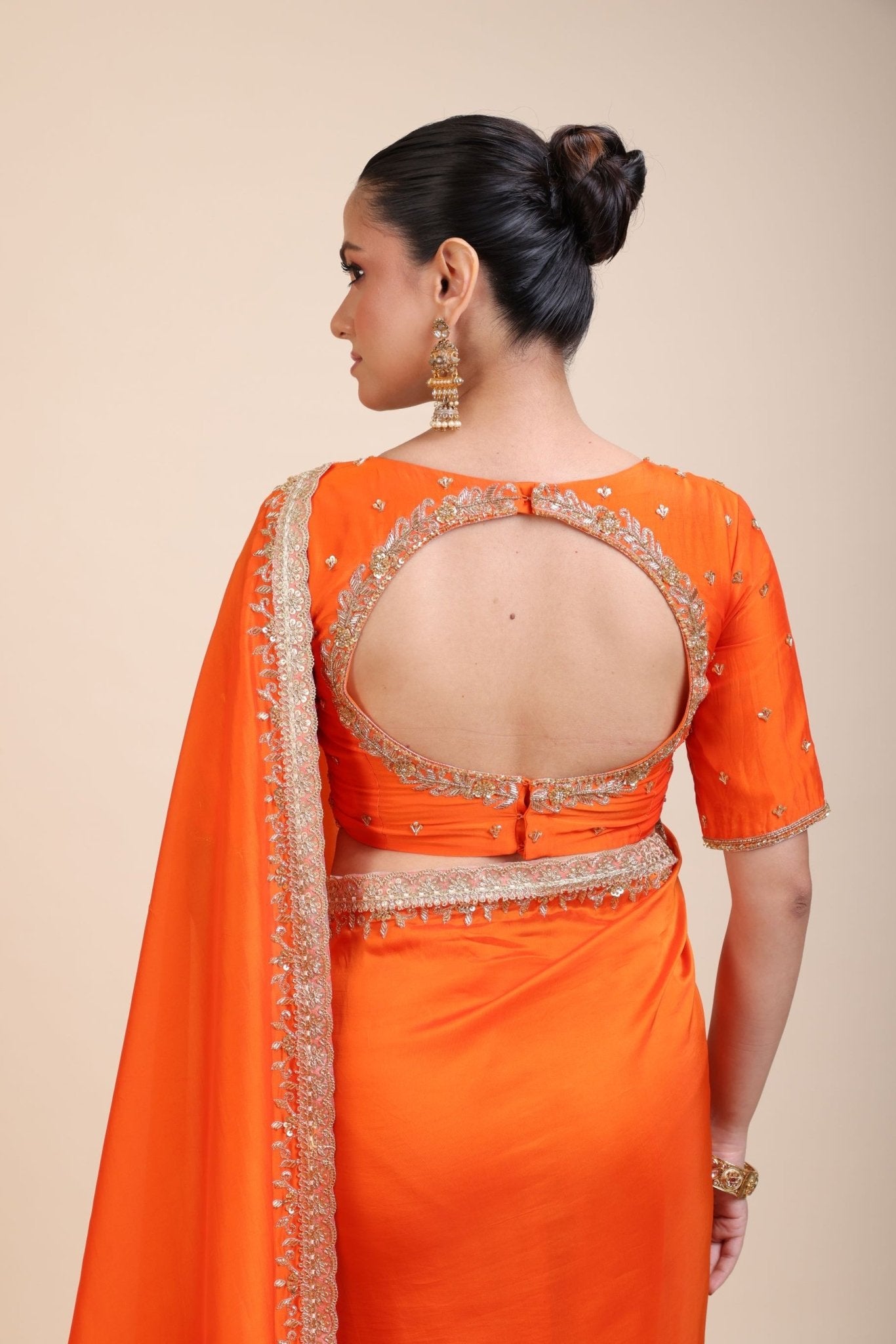 Orange Hand Embroidered Designer Saree - Anvi Couture