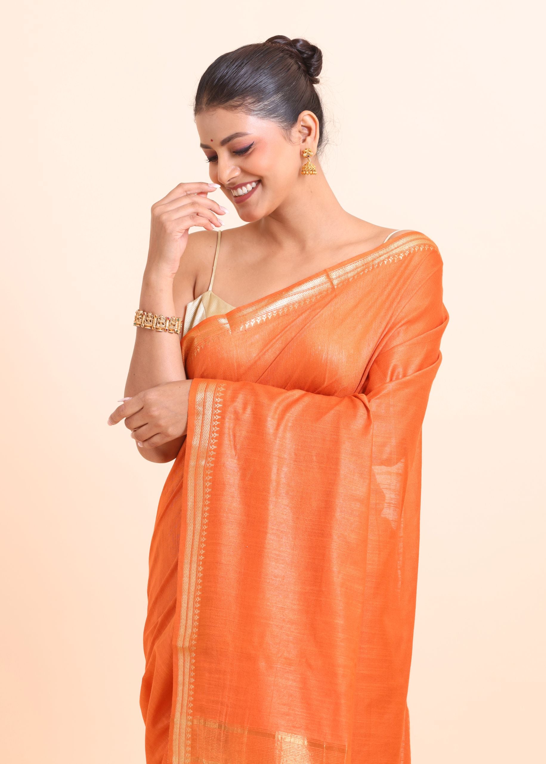 Orange Handloom Chanderi Silk Saree close up