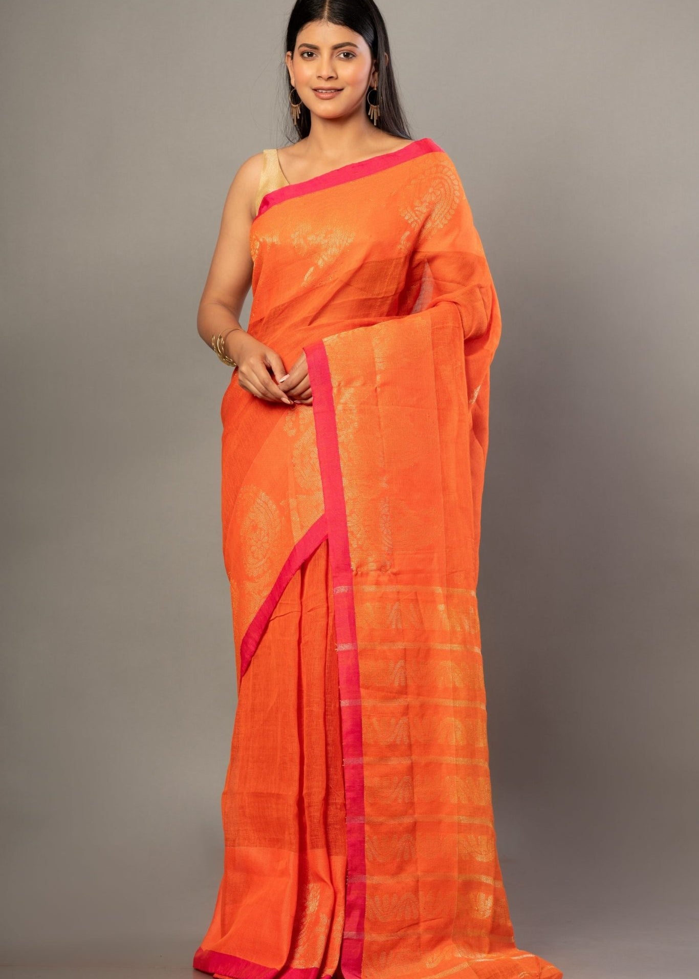 Orange Jamdani Saree With Pink and Golden Border - Anvi Couture