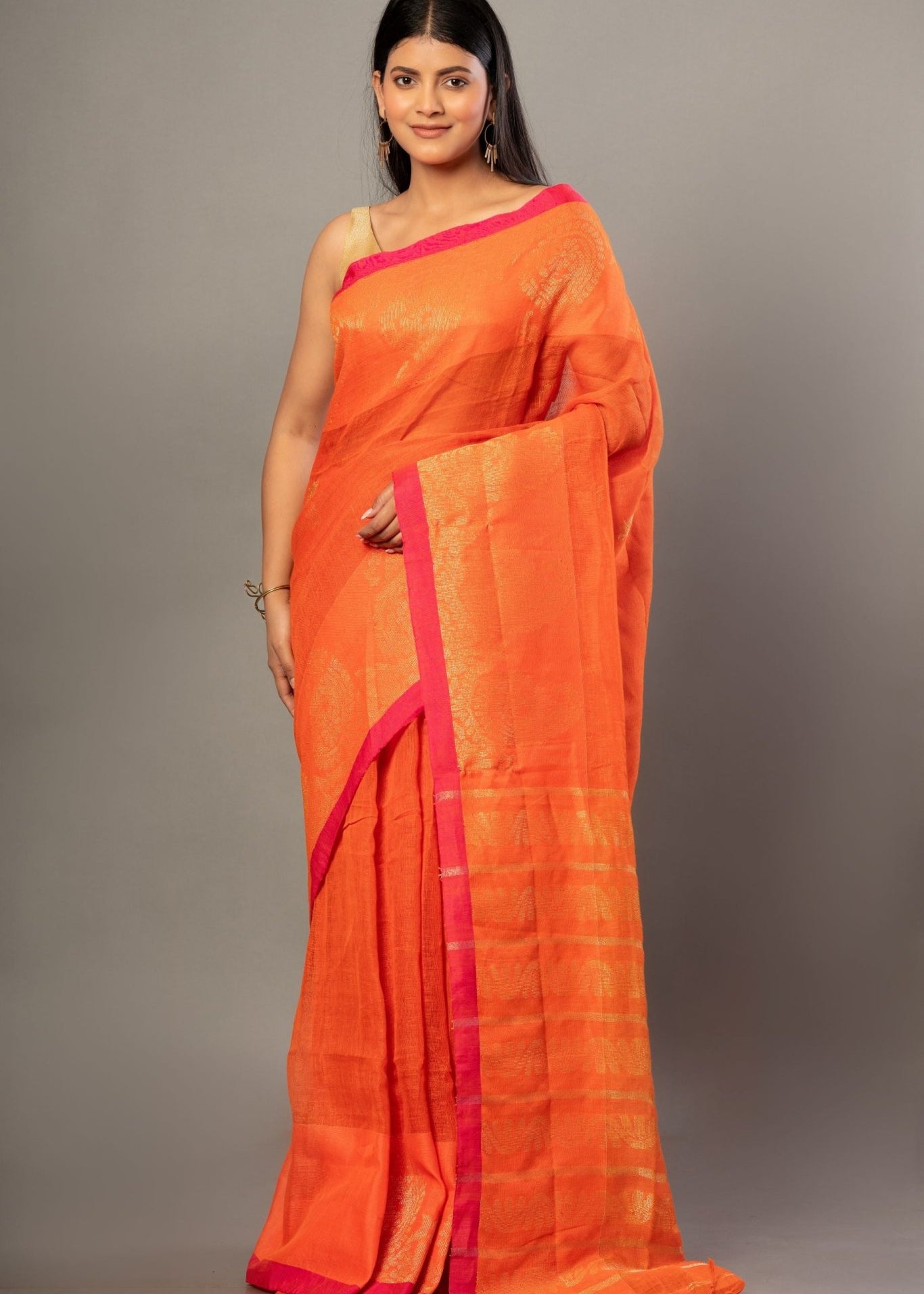 Orange Jamdani Saree With Pink and Golden Border - Anvi Couture