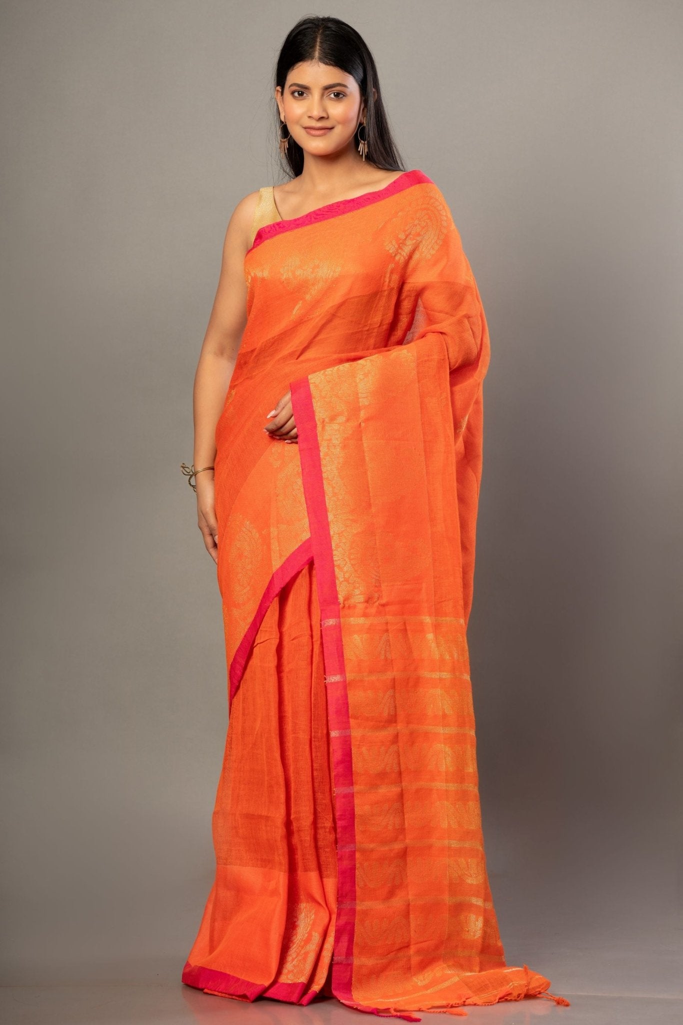Orange Jamdani Saree With Pink and Golden Border - Anvi Couture- Front 2