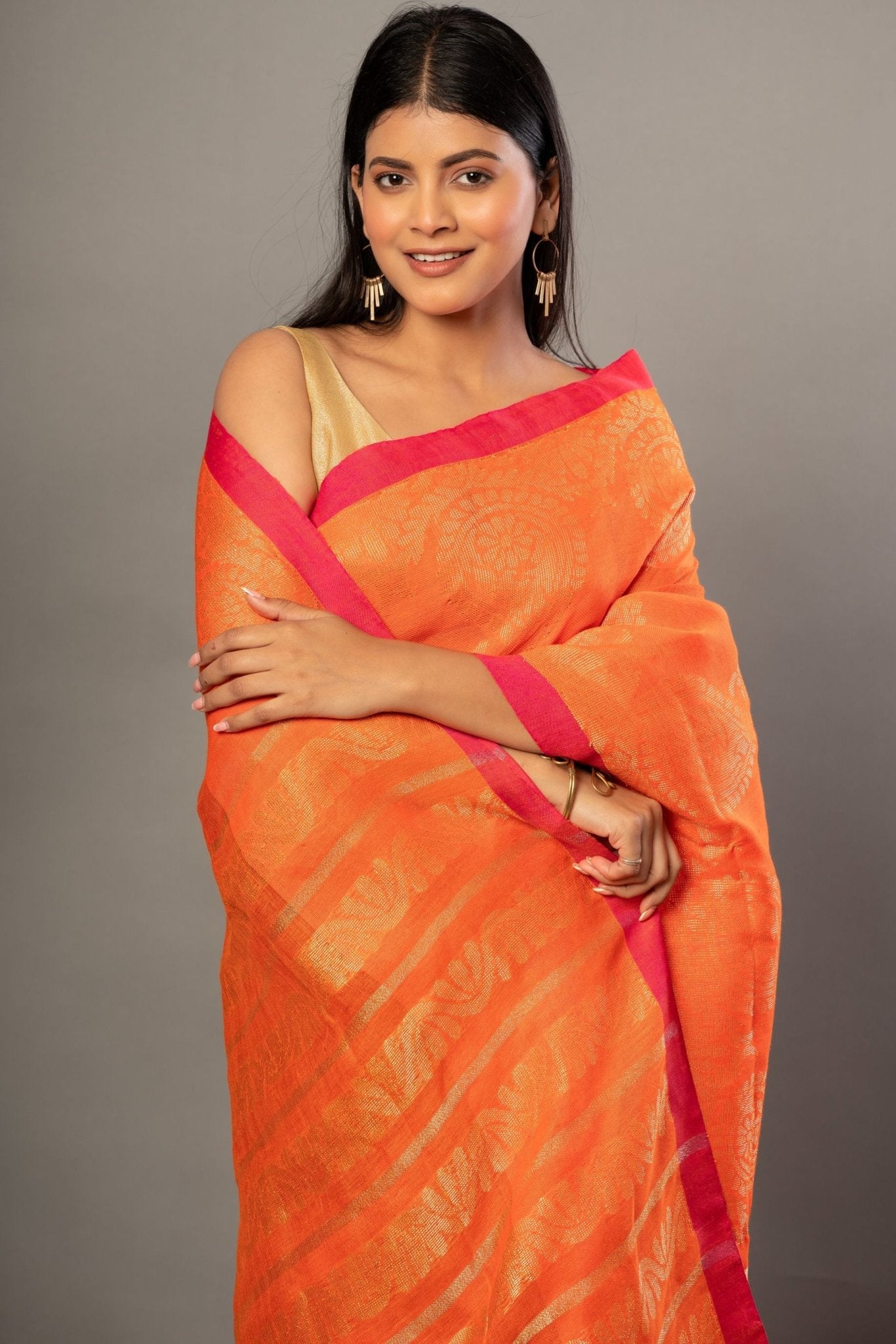 Orange Jamdani Saree With Pink and Golden Border - Anvi Couture- Front 3