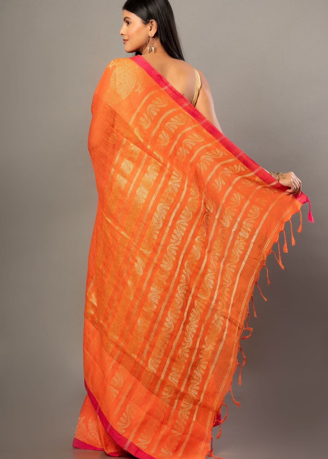 Orange Jamdani Saree With Pink and Golden Border - Anvi Couture
