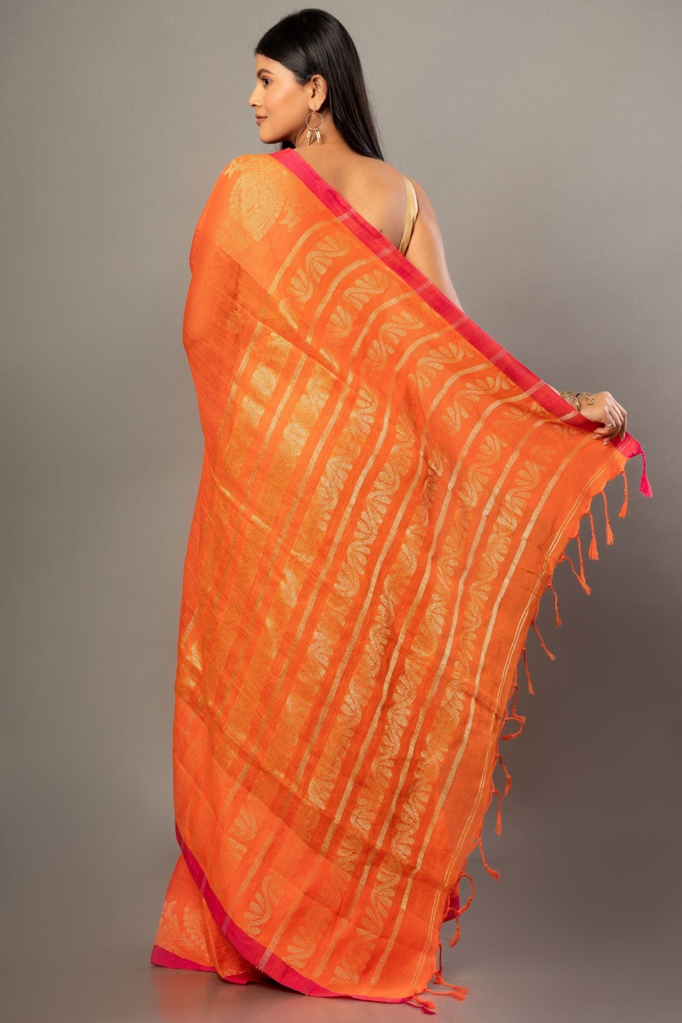 Orange Jamdani Saree With Pink and Golden Border - Anvi Couture- Back