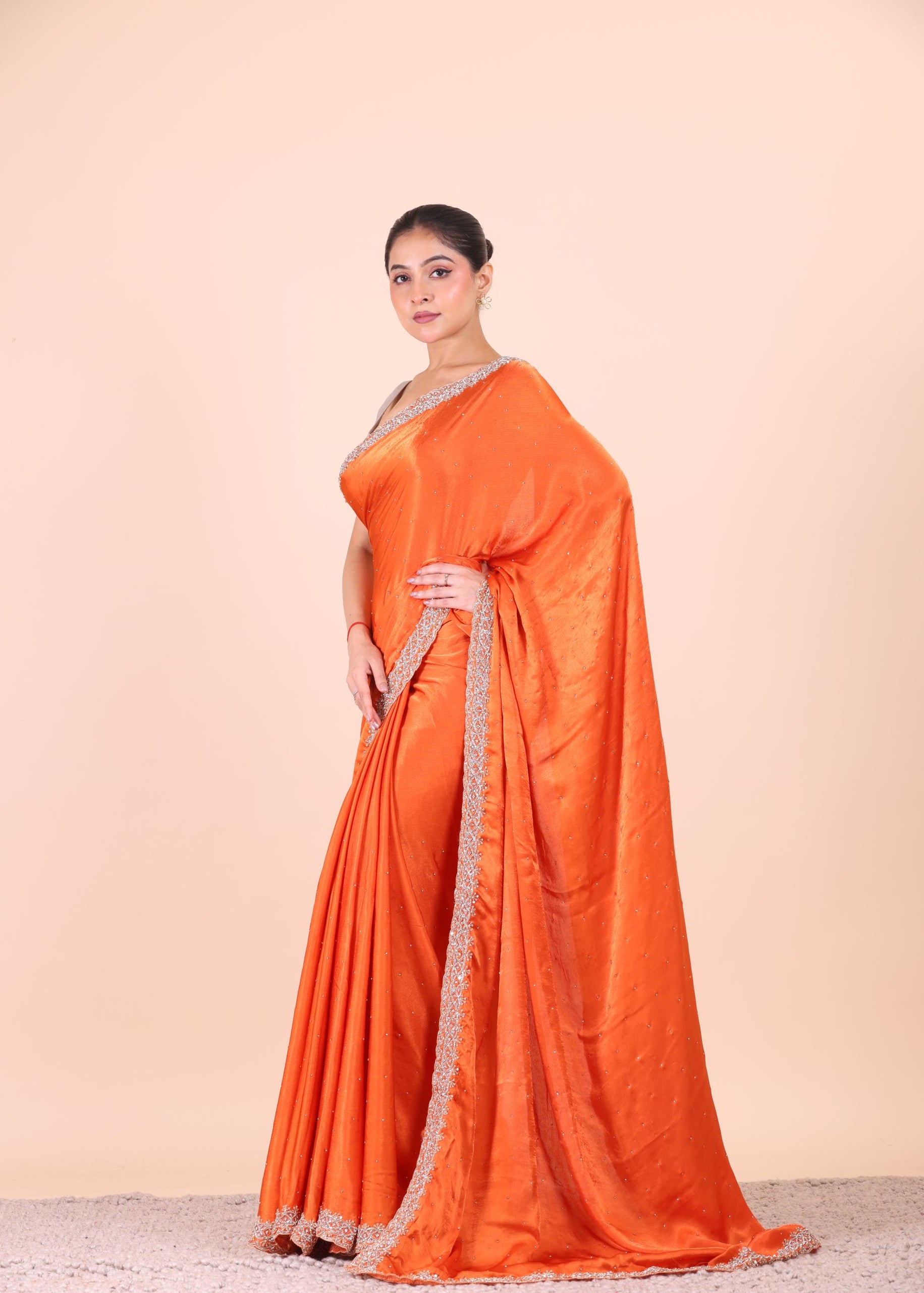 Orange Jimmy Choo Embroidered Party Wear Saree front