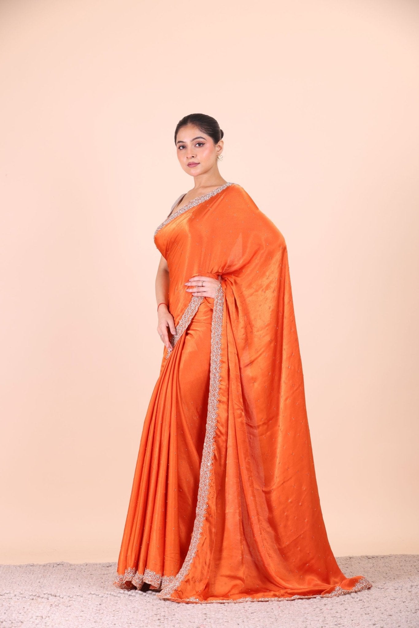 Orange Jimmy Choo Embroidered Party Wear Saree front