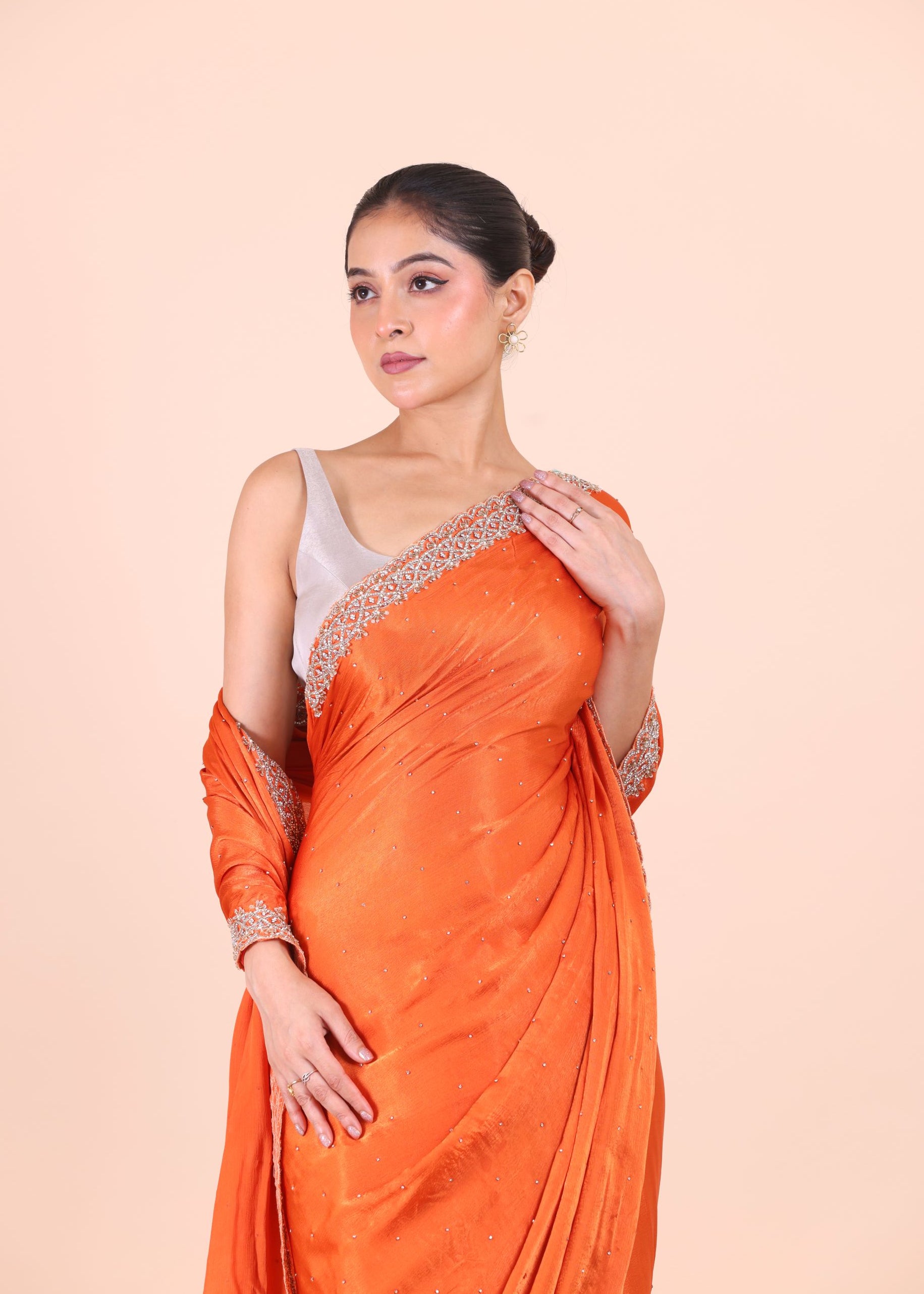 Orange Jimmy Choo Embroidered Party Wear Saree close up