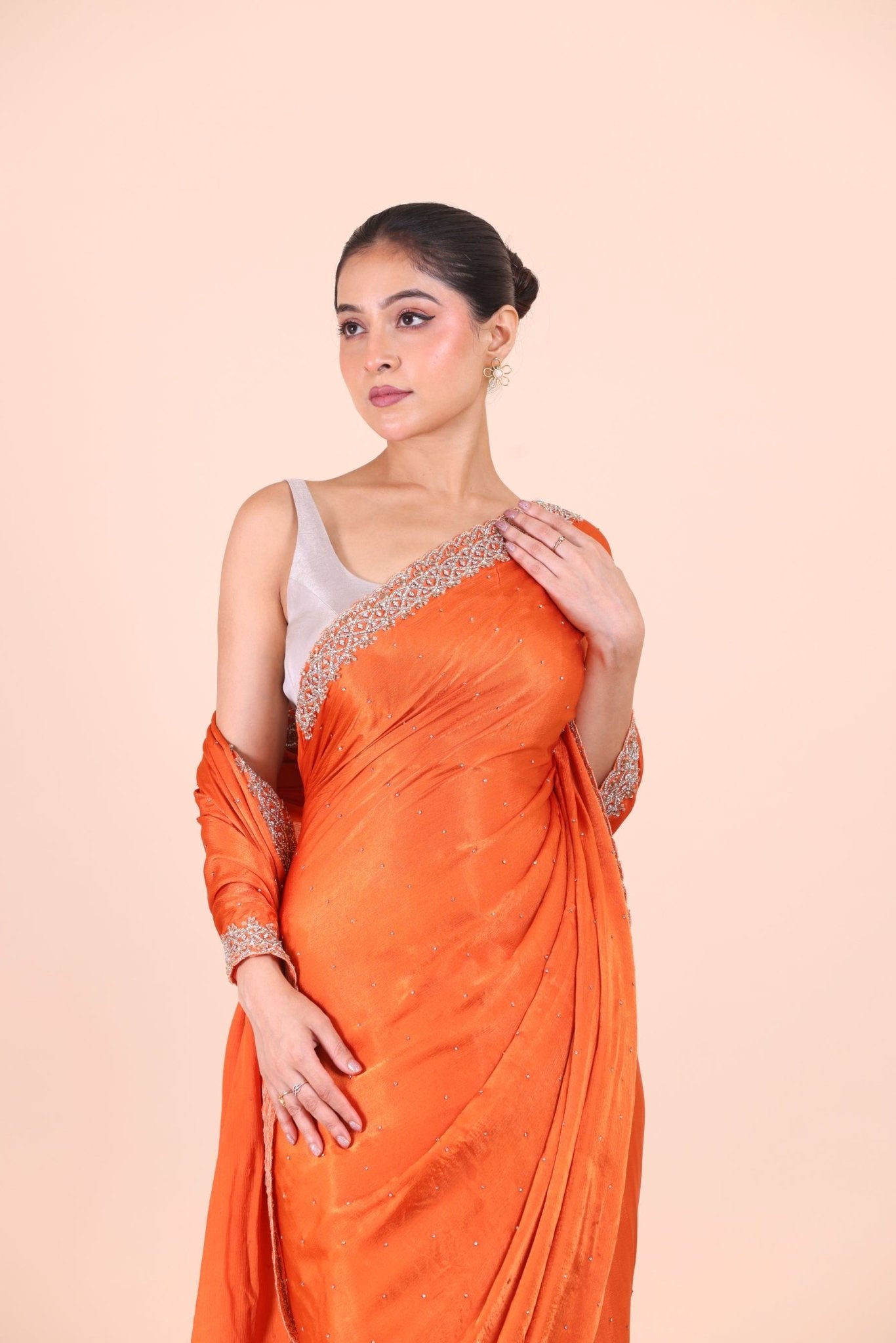 Orange Jimmy Choo Embroidered Party Wear Saree close up