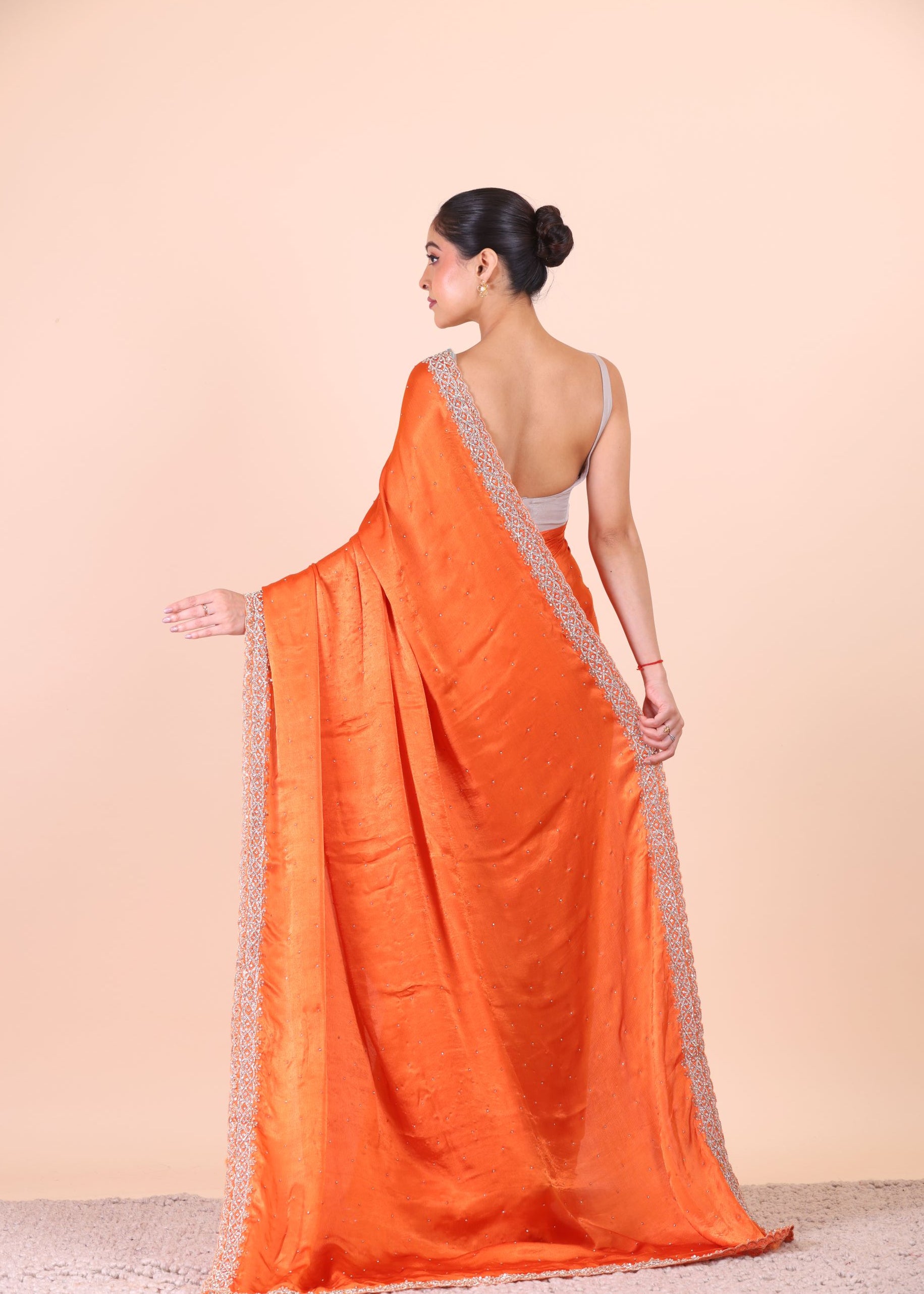 Orange Jimmy Choo Embroidered Party Wear Saree back
