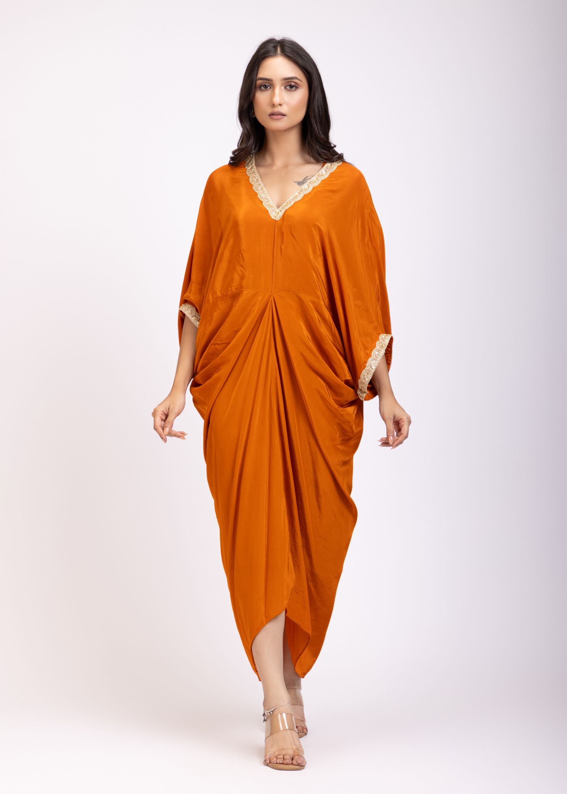 Orange Kaftan Dress with Lace Border Full
