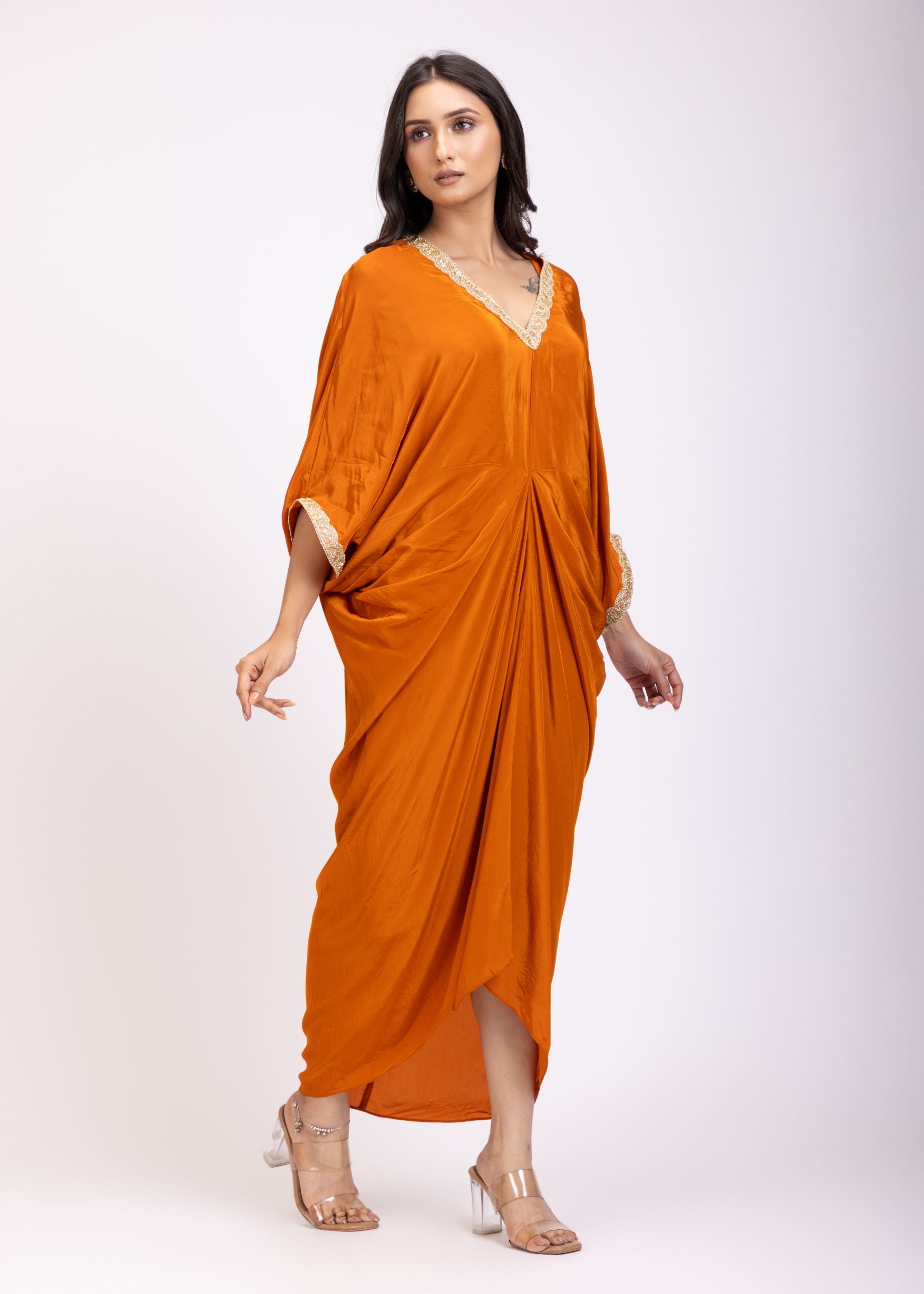 Orange Kaftan Dress with Lace Border Side