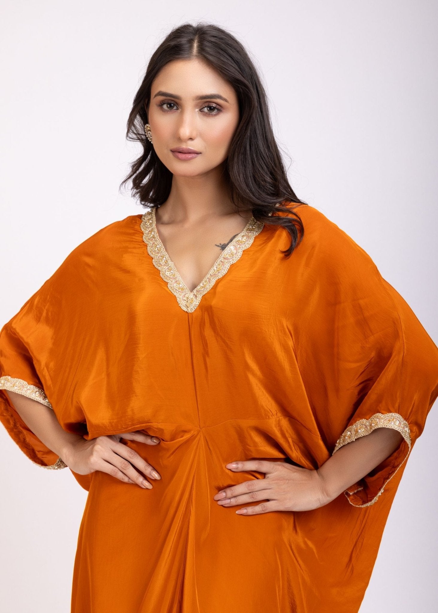 Orange Kaftan Dress with Lace Border - Anvi Couture