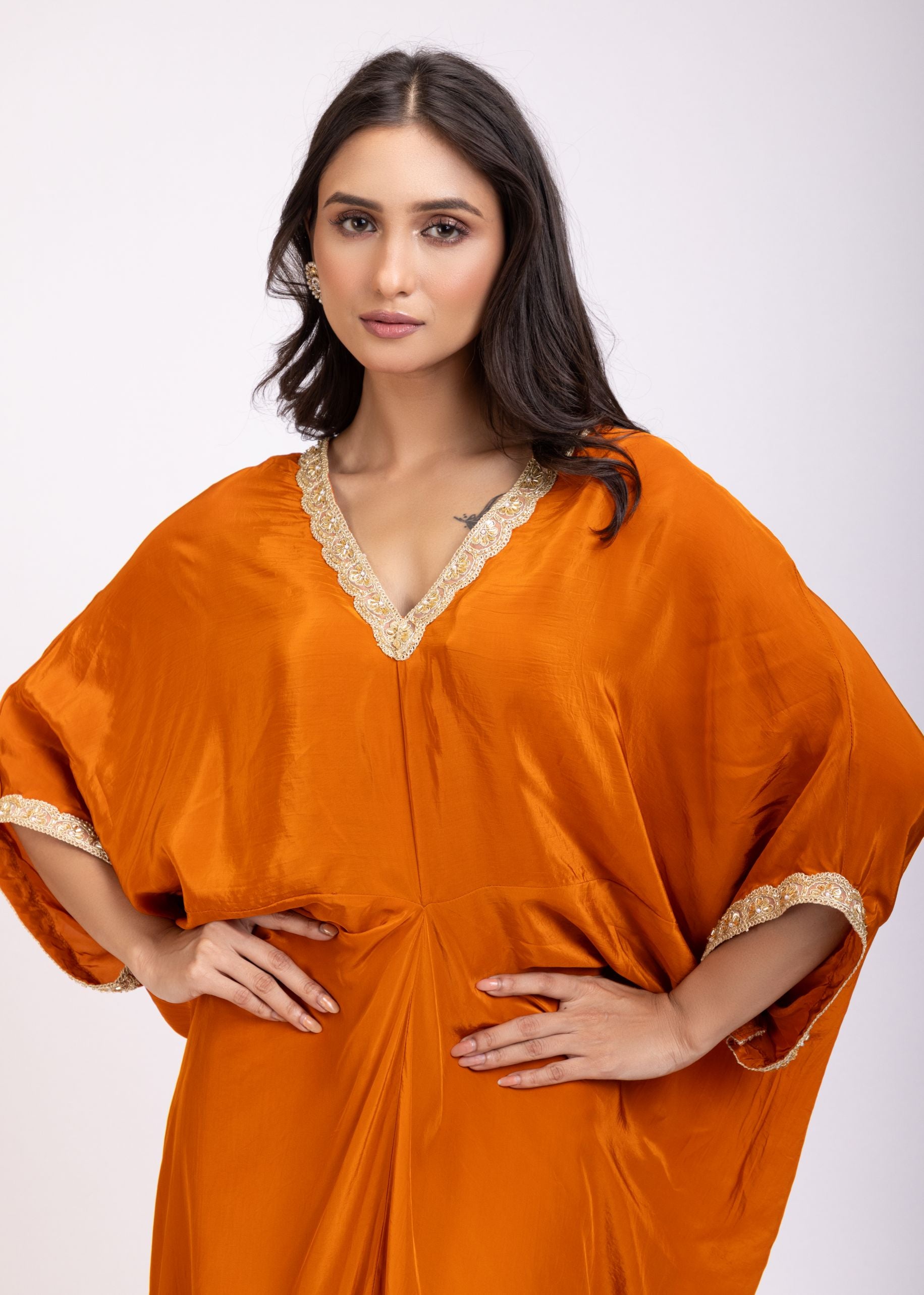 Orange Kaftan Dress with Lace Border Close Up