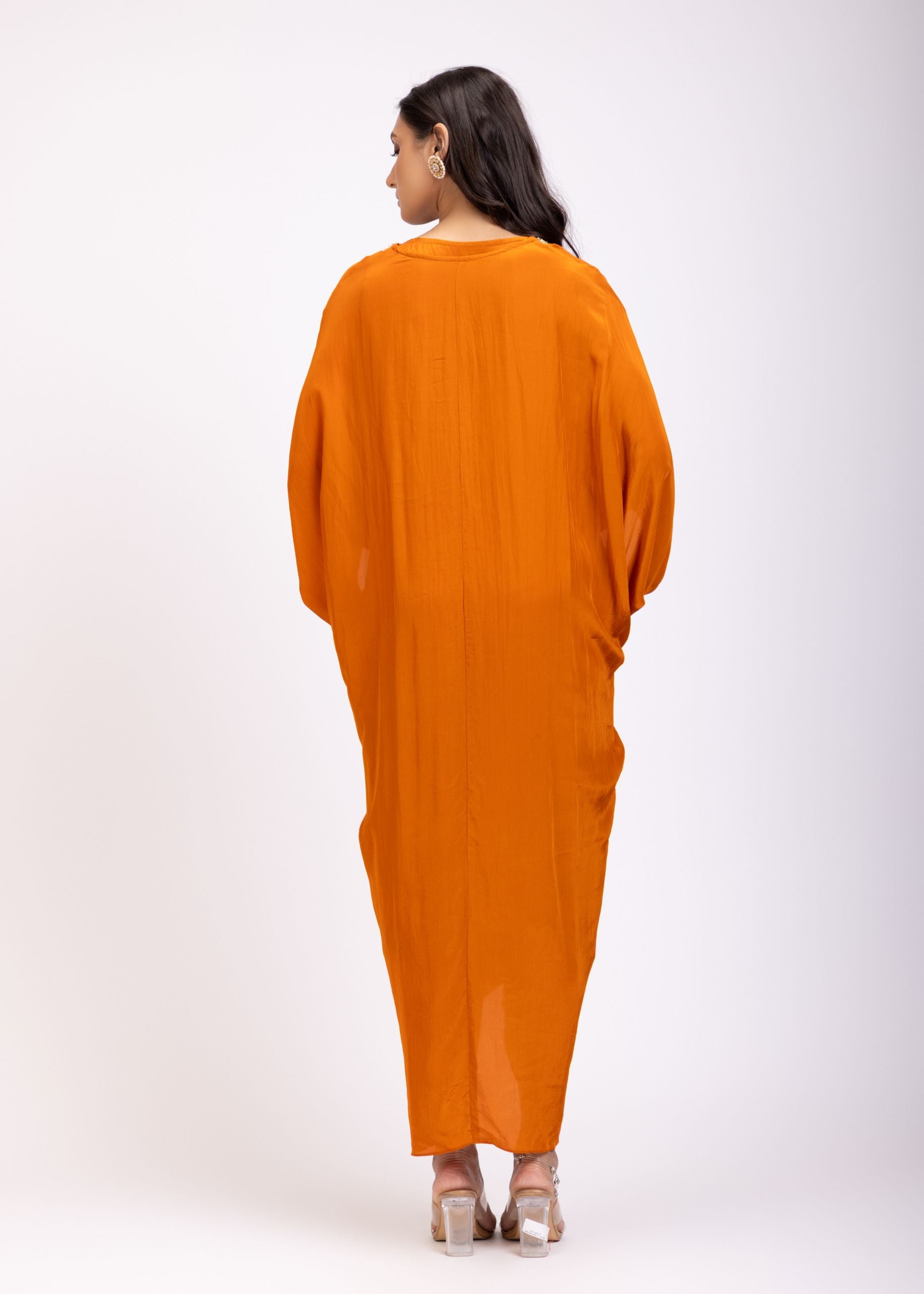 Orange Kaftan Dress with Lace Border Back