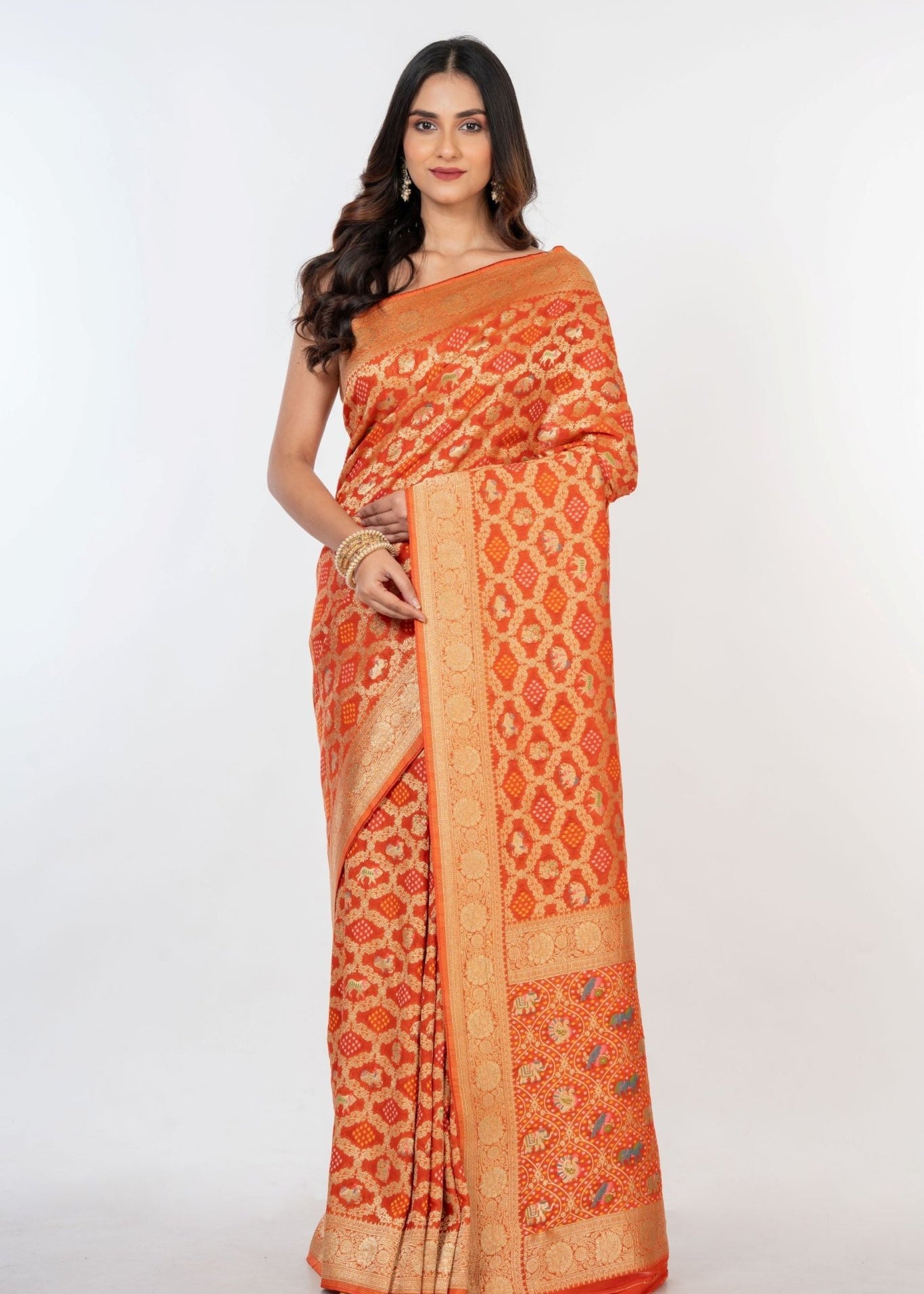 Orange Khaddi Georgette Bandhej Banarasi Saree - Anvi Couture