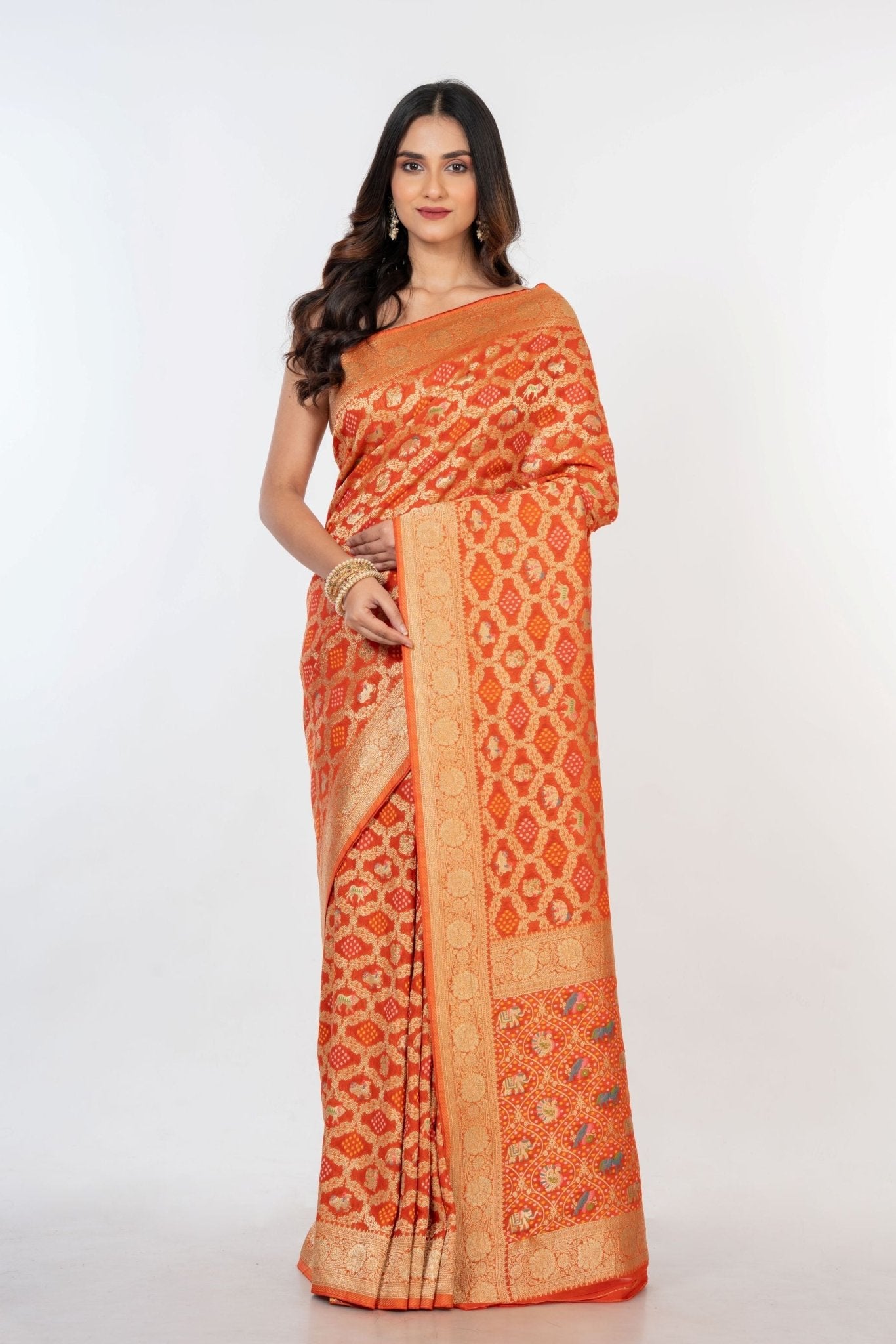Orange Khaddi Georgette Bandhej Banarasi Saree - Anvi Couture