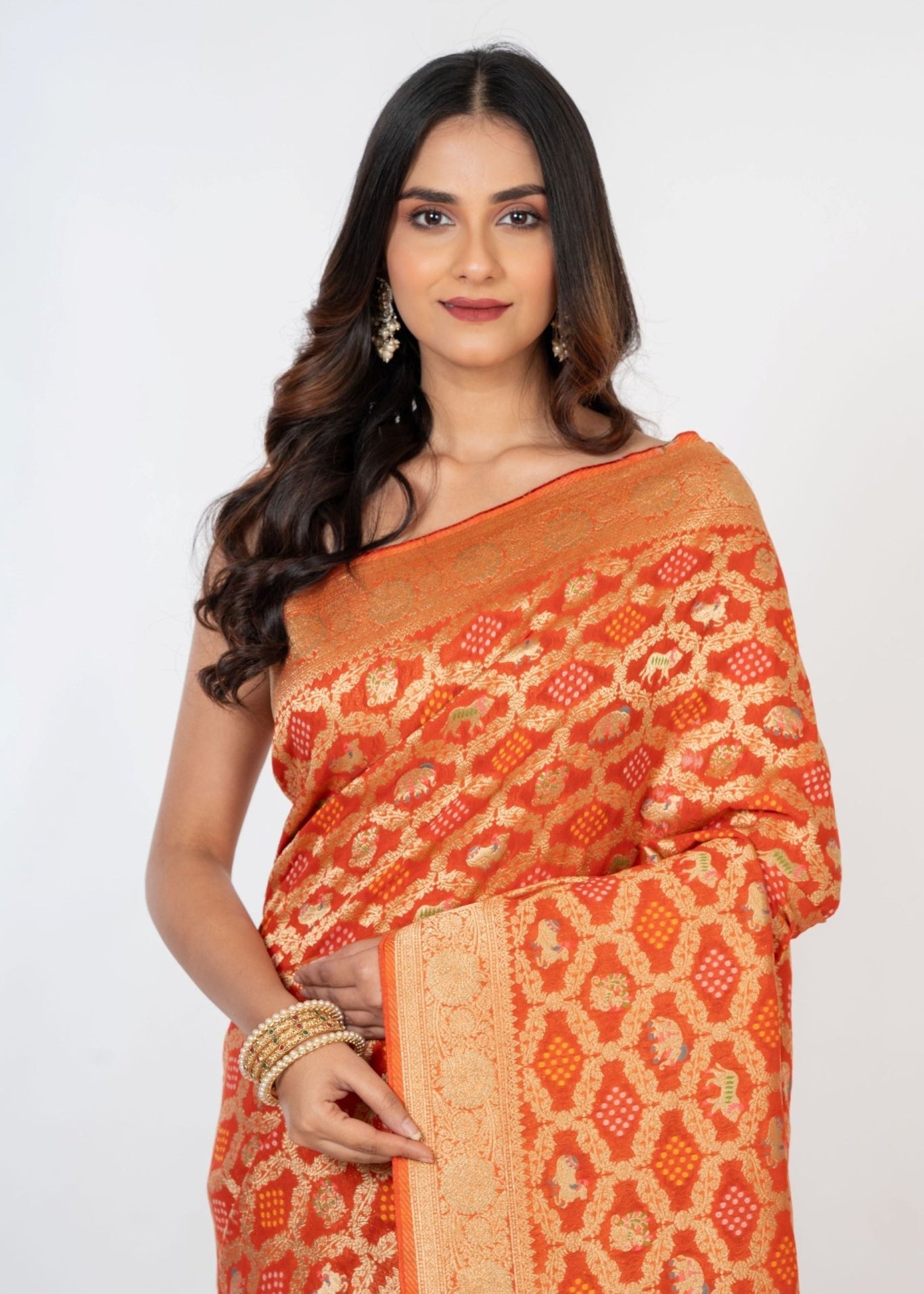 Orange Khaddi Georgette Bandhej Banarasi Saree - Anvi Couture