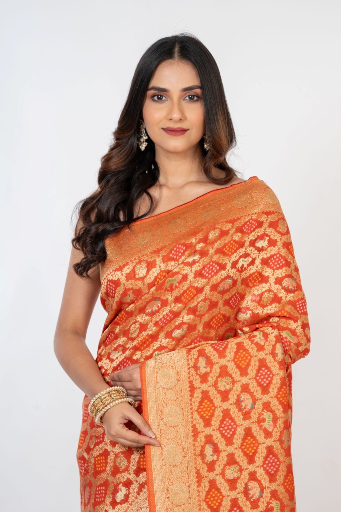 Orange Khaddi Georgette Bandhej Banarasi Saree - Anvi Couture