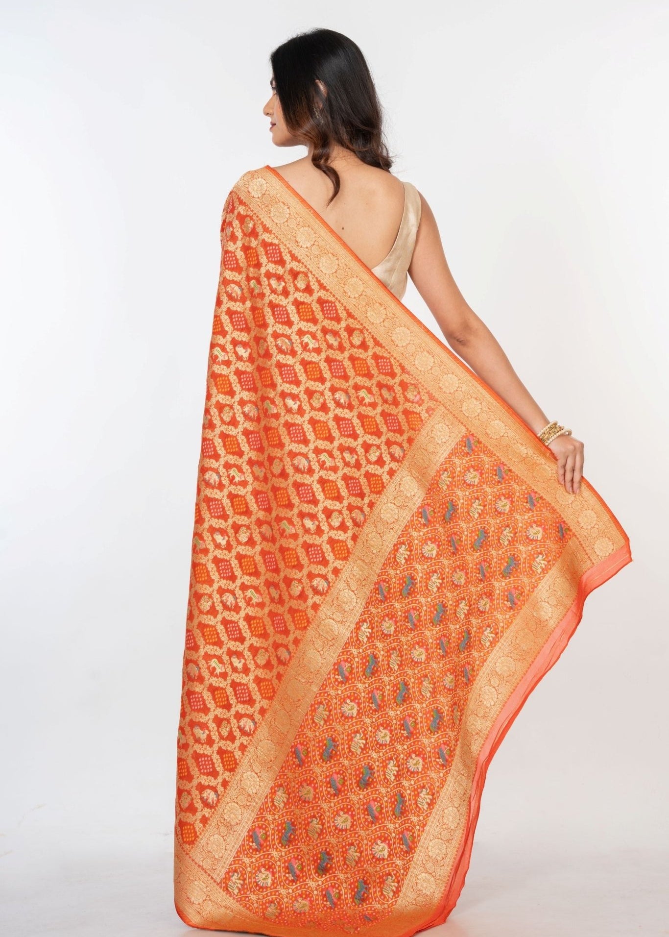Orange Khaddi Georgette Bandhej Banarasi Saree - Anvi Couture