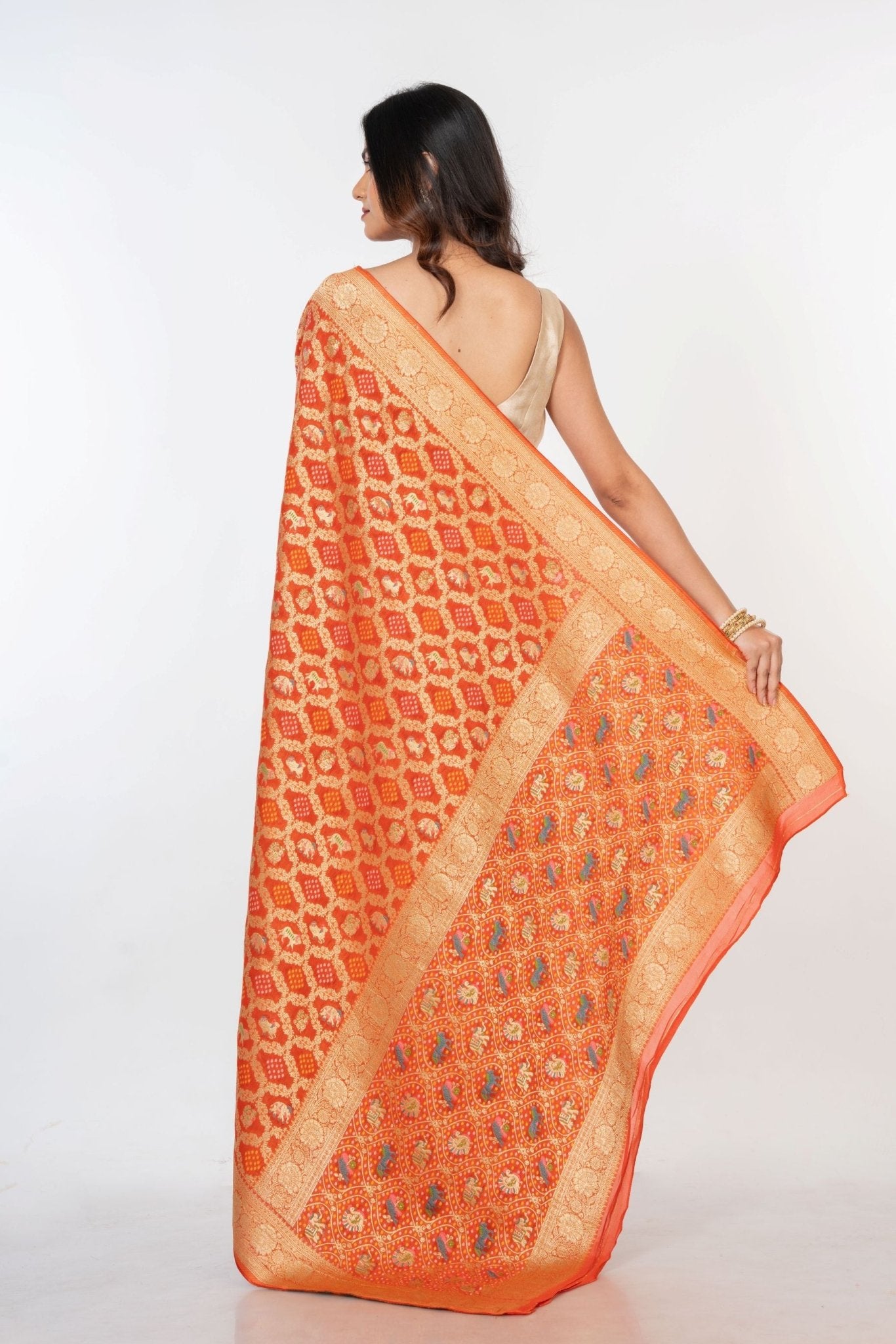 Orange Khaddi Georgette Bandhej Banarasi Saree - Anvi Couture