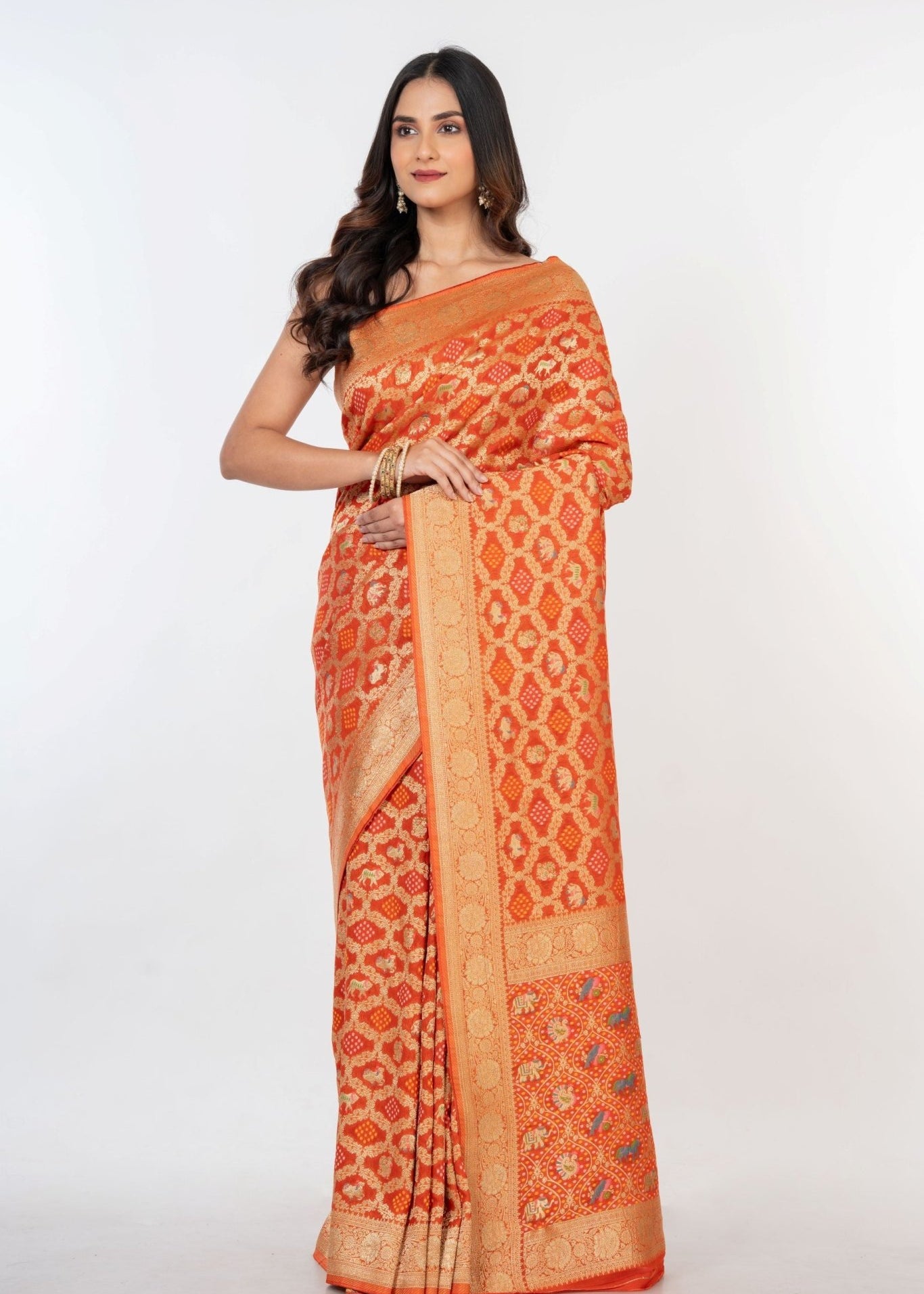 Orange Khaddi Georgette Bandhej Banarasi Saree - Anvi Couture