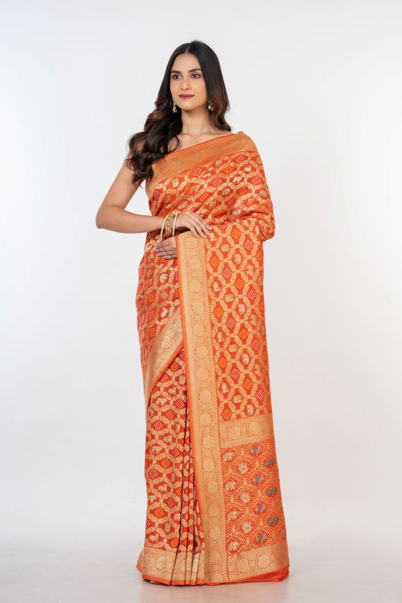 Orange Khaddi Georgette Bandhej Banarasi Saree - Anvi Couture