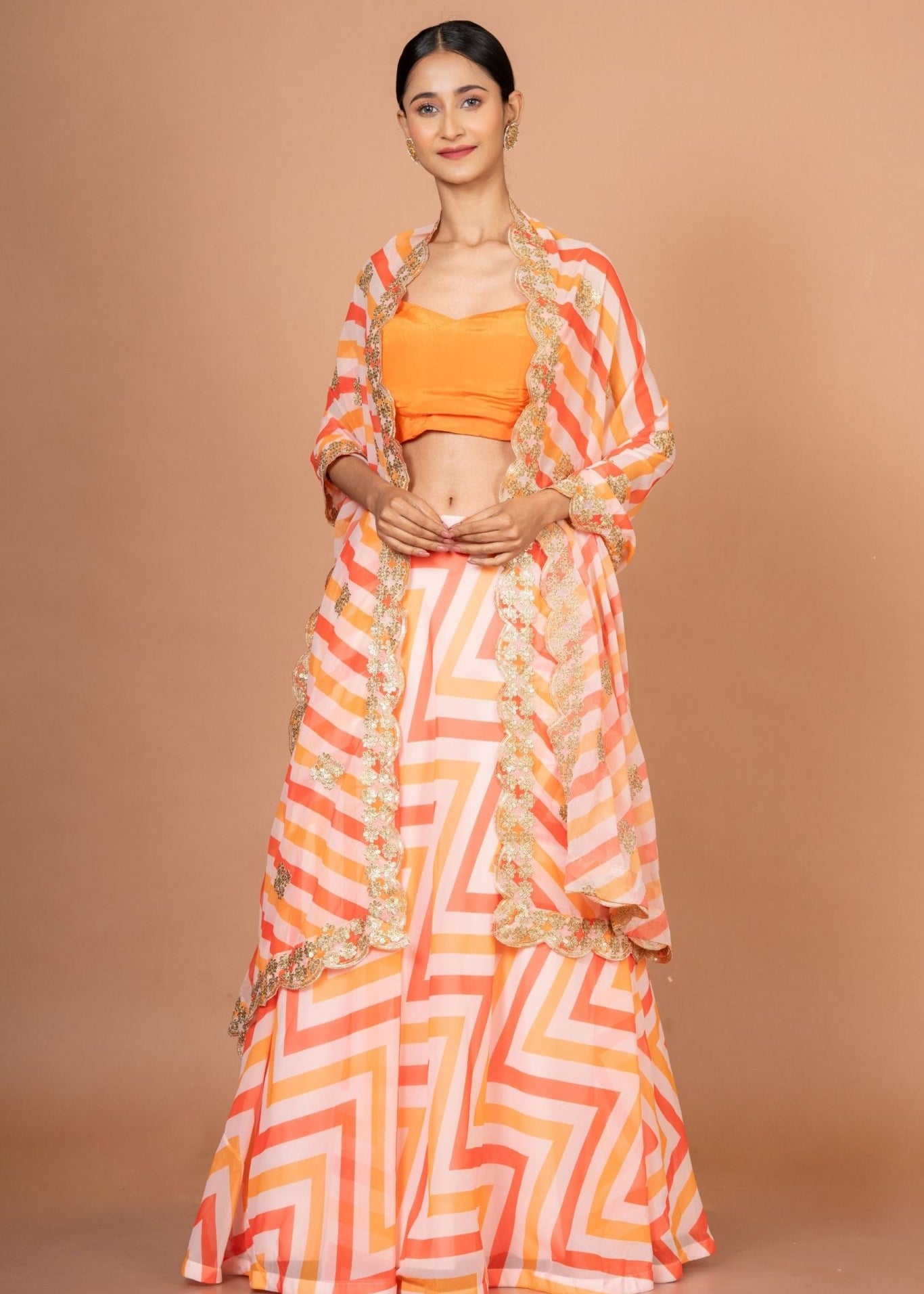 Orange Lehenriya Embroidered Georgette Lehenga - Anvi Couture