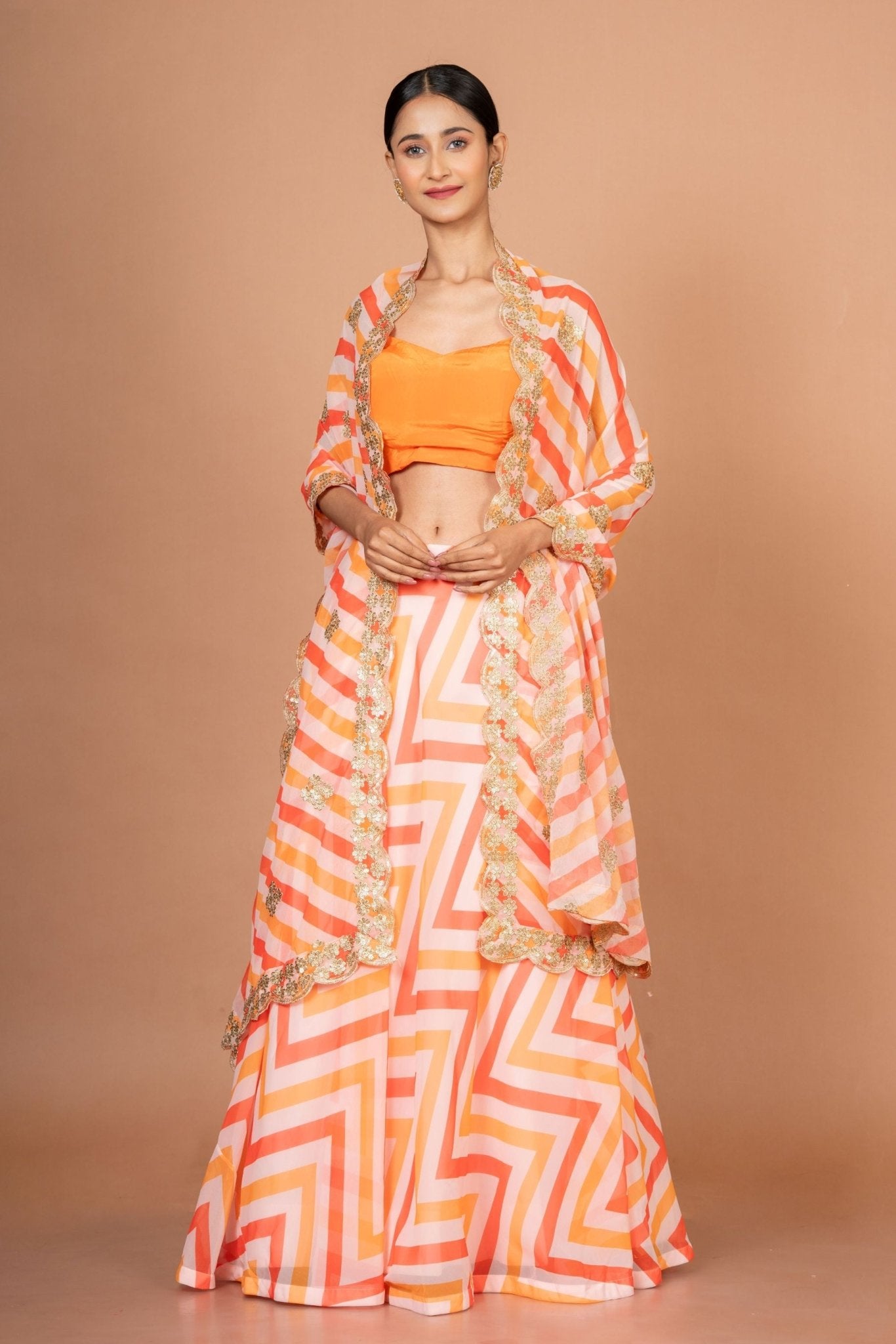 Orange Lehenriya Embroidered Georgette Lehenga - Anvi Couture