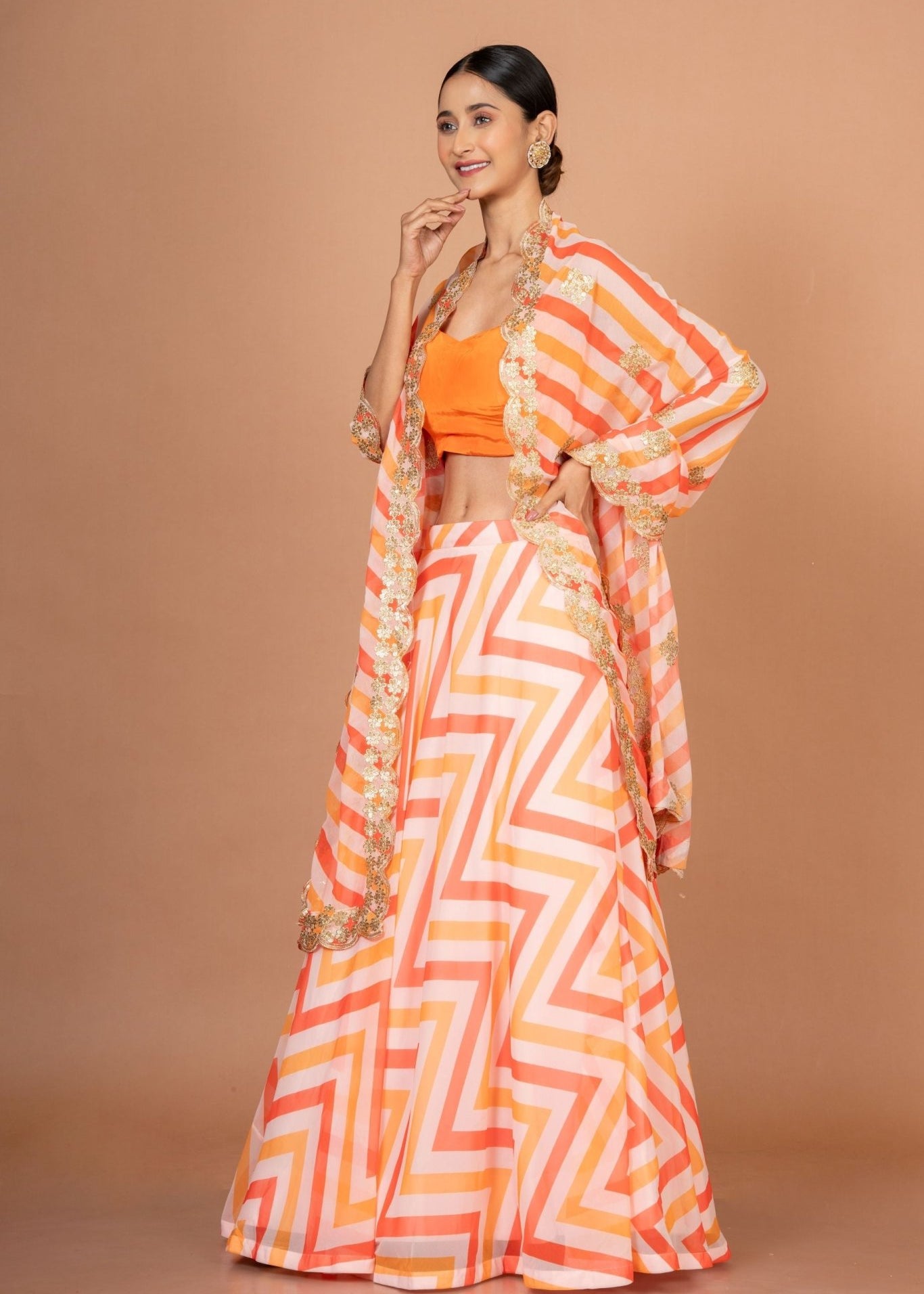 Orange Lehenriya Embroidered Georgette Lehenga - Anvi Couture