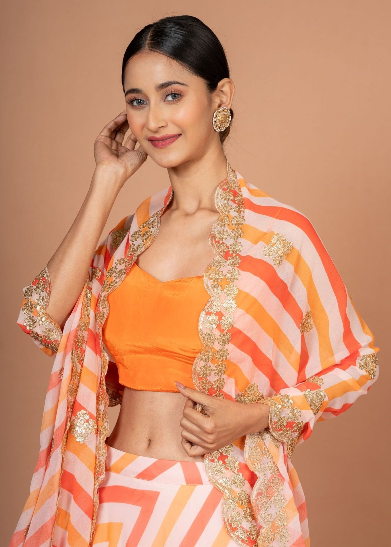 Orange Lehenriya Embroidered Georgette Lehenga - Anvi Couture