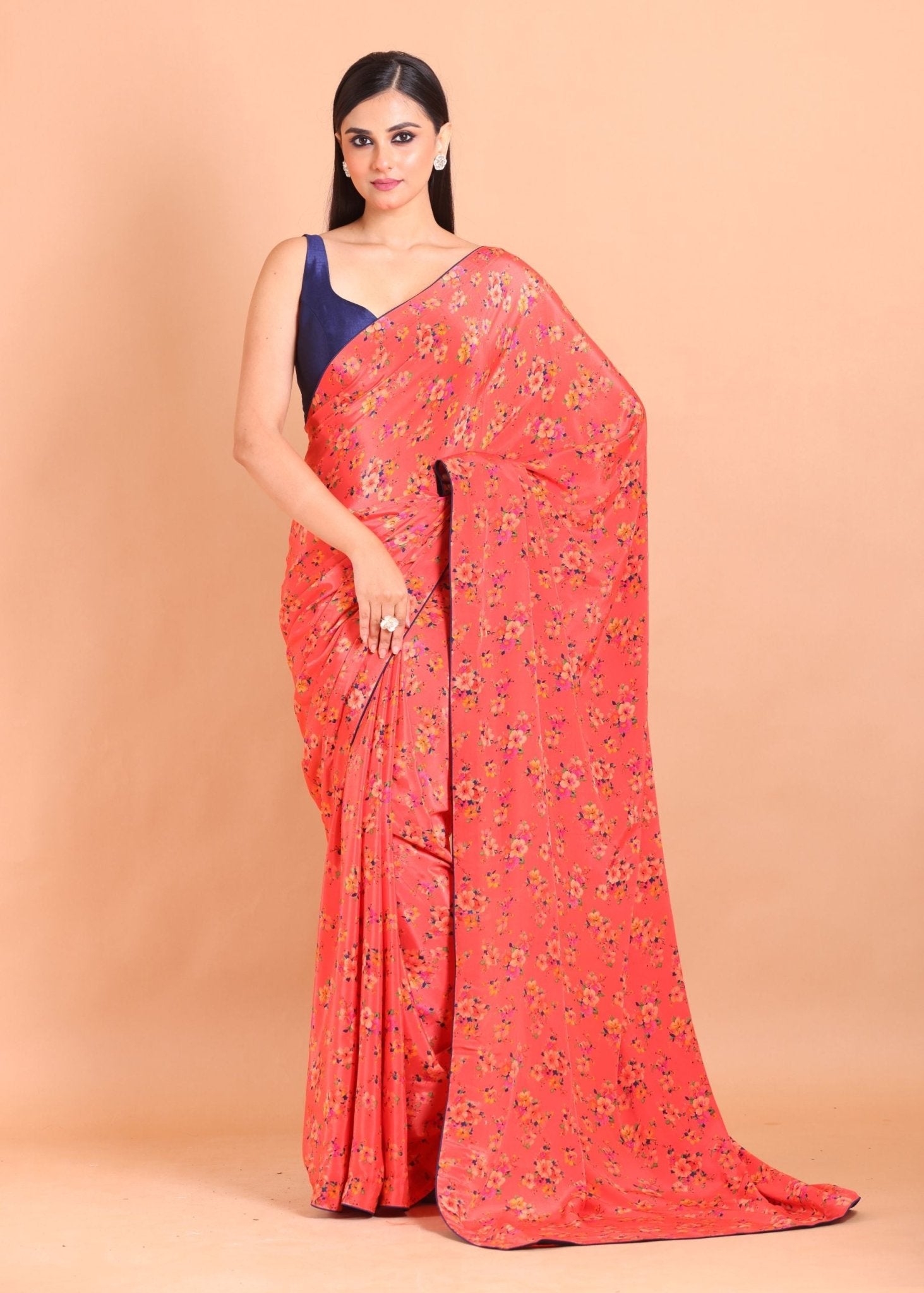 Orange Printed Crepe Silk Saree - Anvi Couture