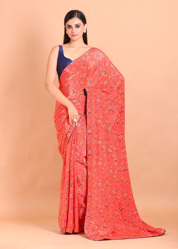 Orange Printed Crepe Silk Saree - Anvi Couture
