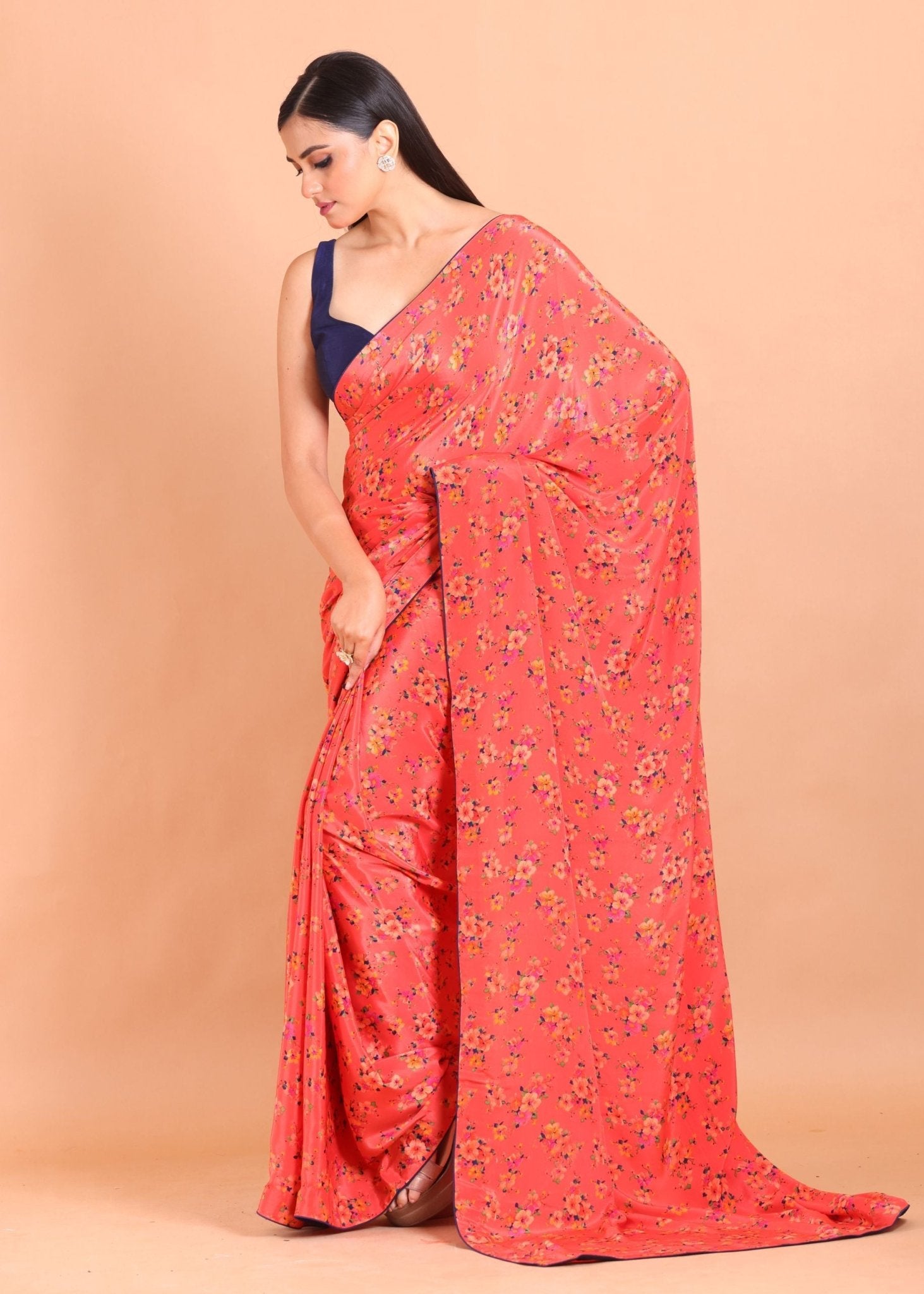 Orange Printed Crepe Silk Saree - Anvi Couture