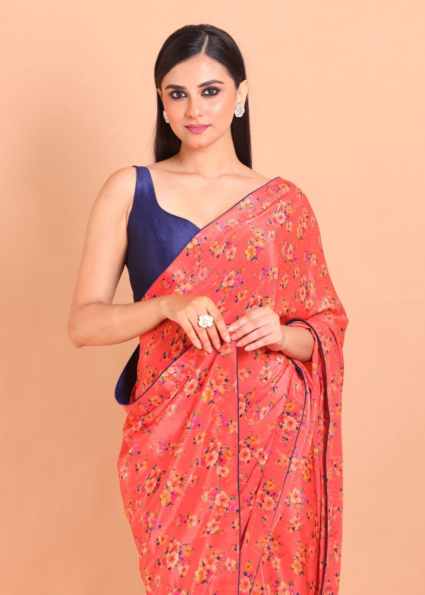 Orange Printed Crepe Silk Saree - Anvi Couture