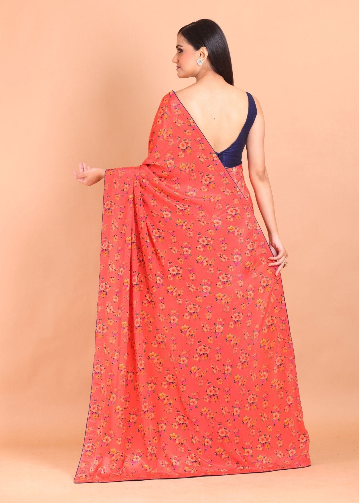 Orange Printed Crepe Silk Saree - Anvi Couture