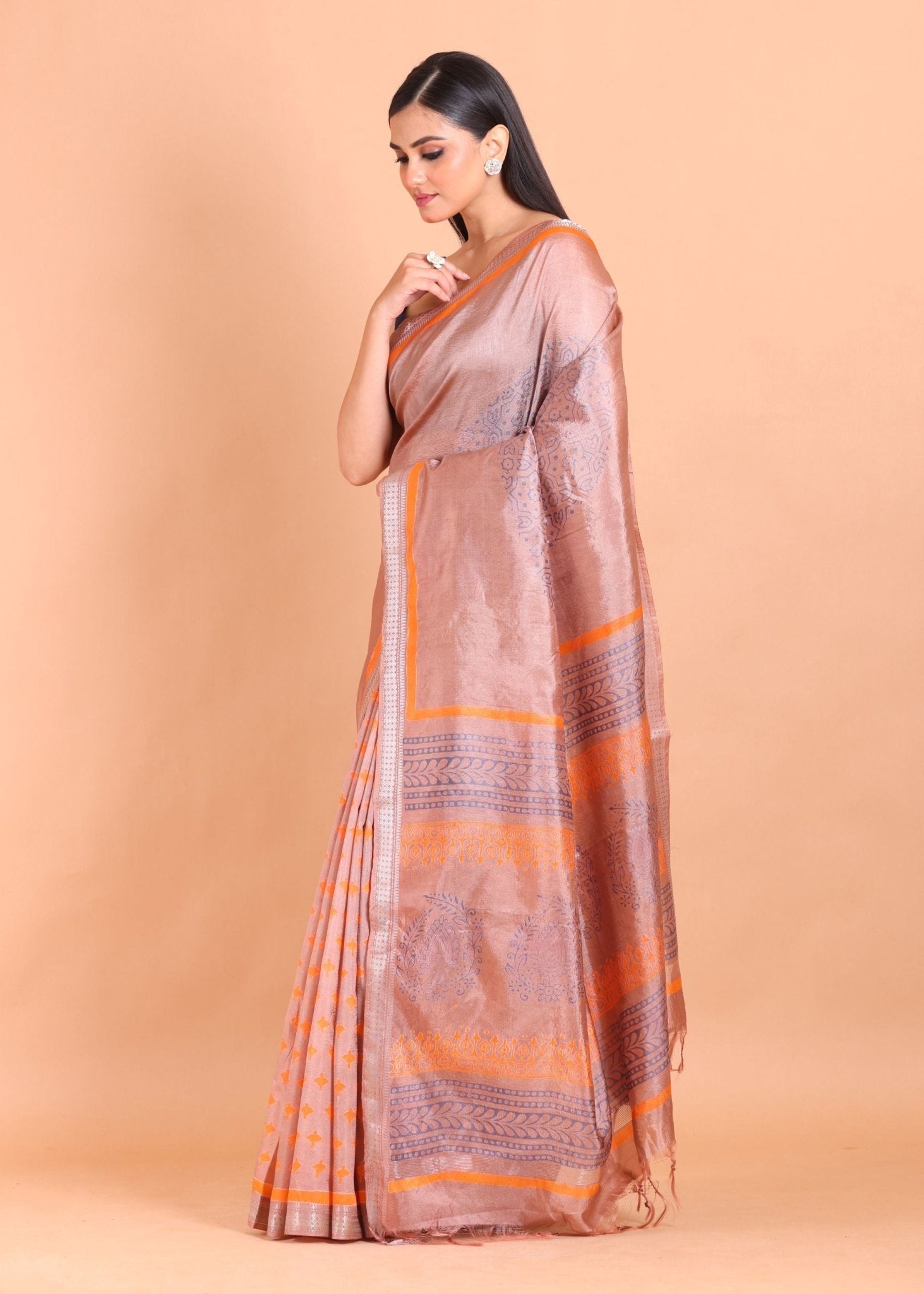 Orange Pure Silk Saree with Hand Block Print - Anvi Couture