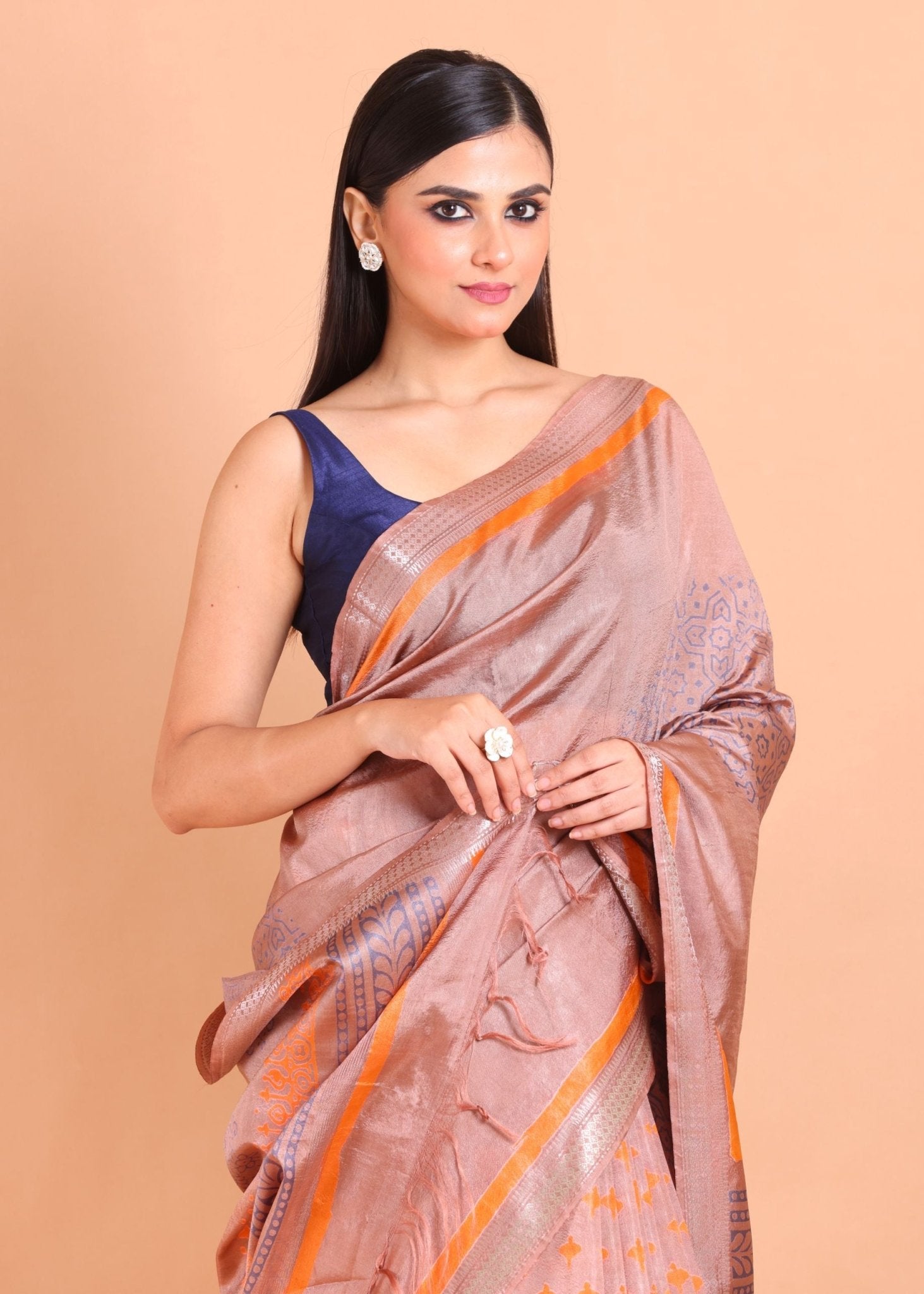 Orange Pure Silk Saree with Hand Block Print - Anvi Couture