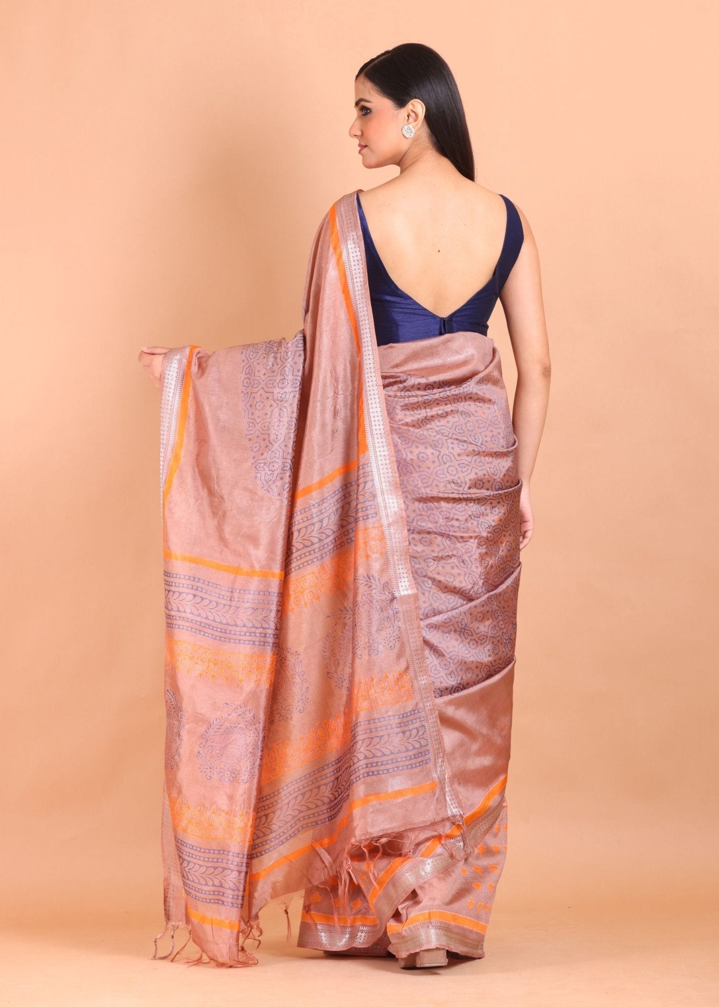 Orange Pure Silk Saree with Hand Block Print - Anvi Couture