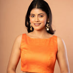 Orange Sleeveless Cotton Silk Blouse with Boat Neckline - Anvi Couture